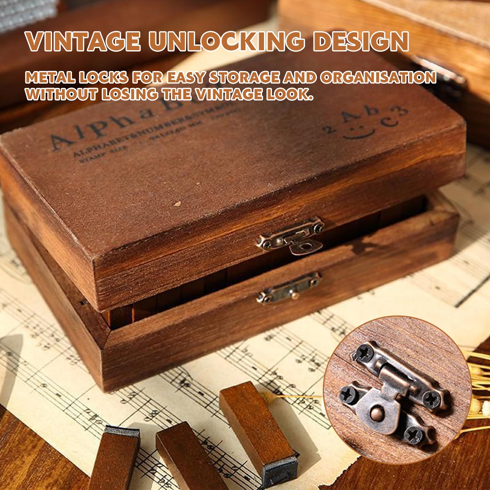 70 piezas Juego de Sellos de Madera y Goma,Sellos de Alfabeto Sellos de Letras Multiusos con Caja de Madera para Manualidades, Tarjetas, Álbum Recorte, Decorar