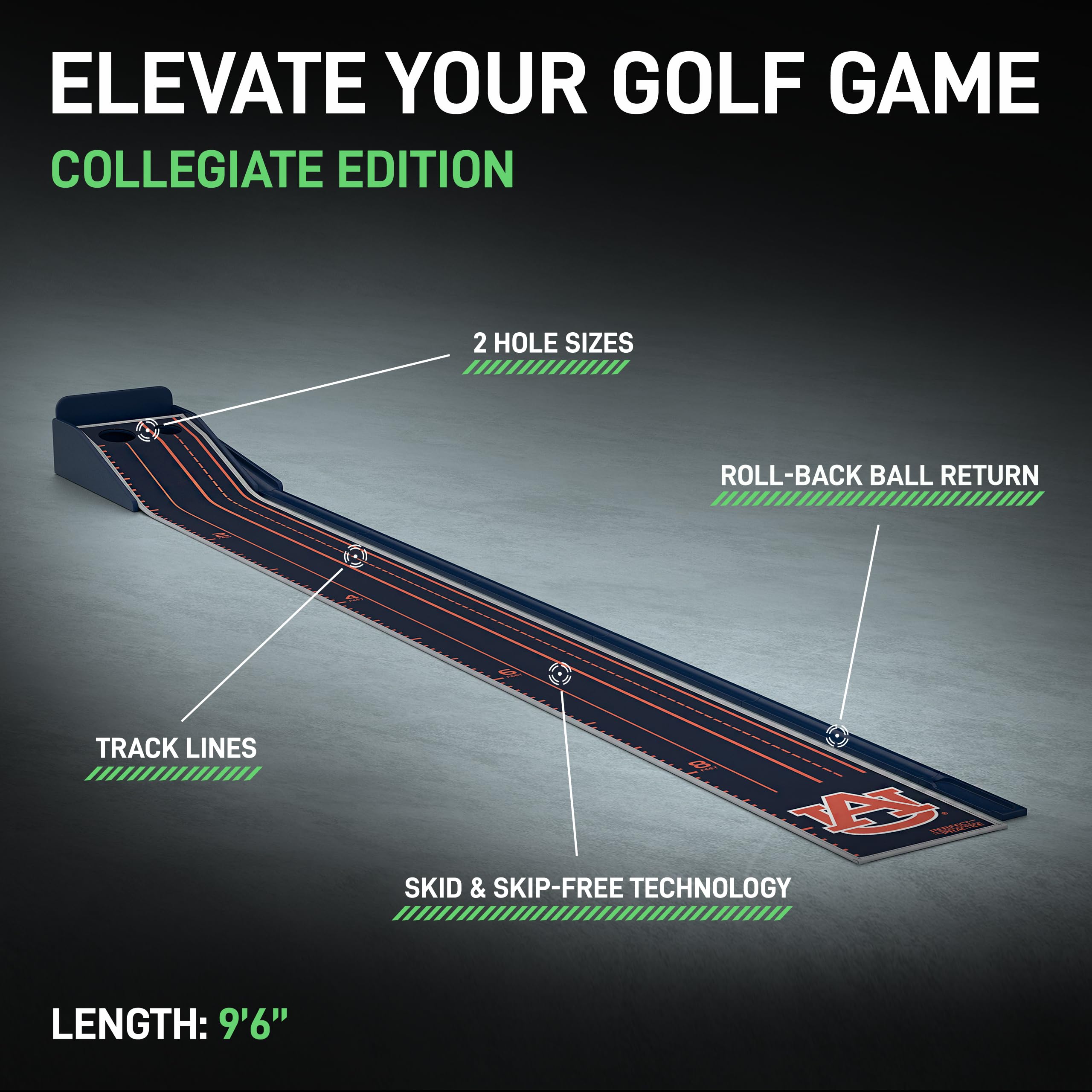 PERFECT PRACTICE Putting Mat Collegiate Edition - Auburn Univ. - Indoor Golf Putting Green with 2 Hole for Practicing at Home or in The Office - Gifts for Golfers - Golf Accessories for Men