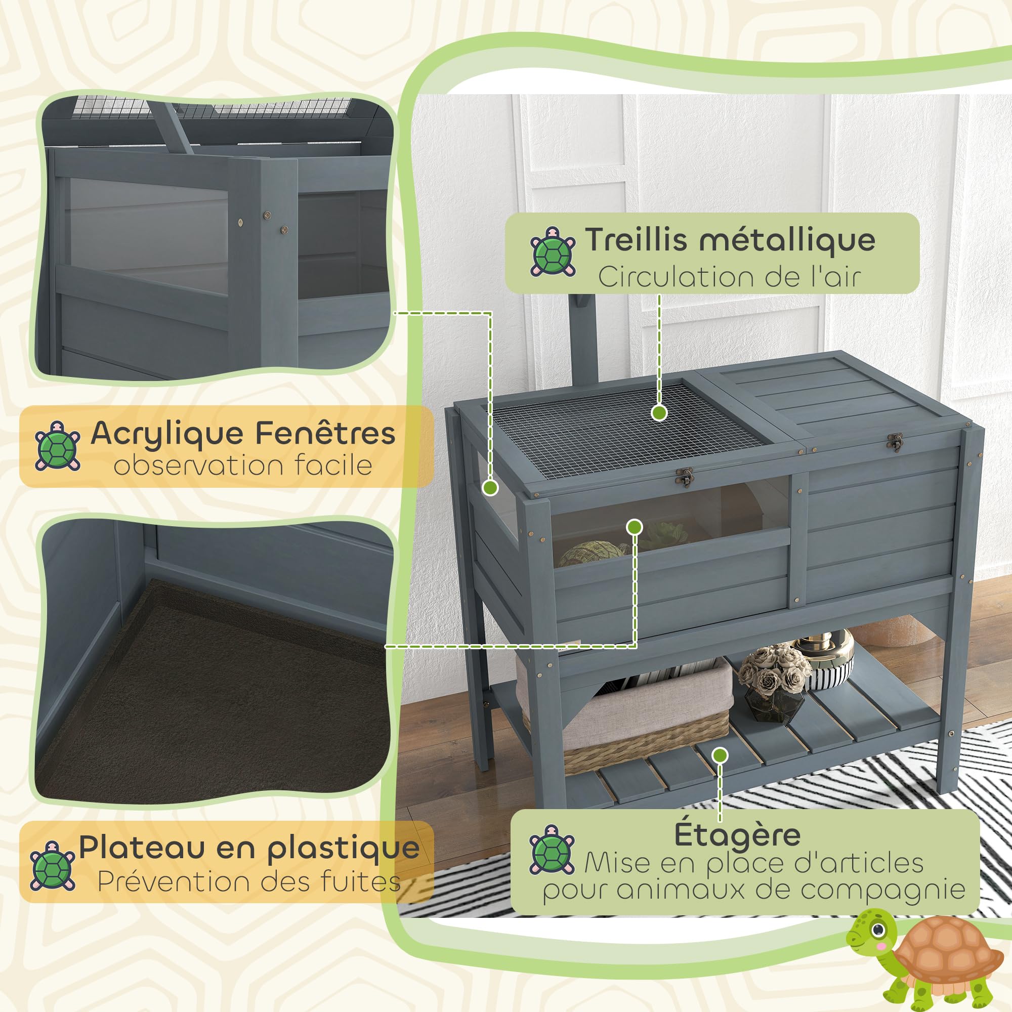 PawHut Recinto per Tartarughe su Gambe con Ripiano Portaoggetti in Legno d'Abete per Interno ed Esterno, Dimensioni 103H x 84L x 51W cm, Grigio