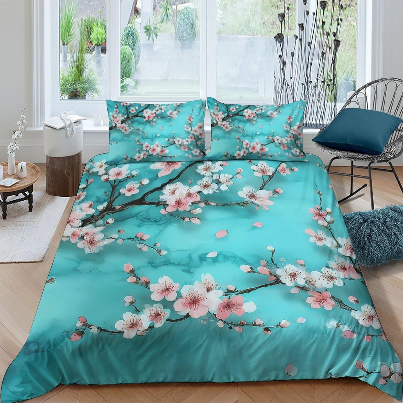 Ctjqhvkz Style-1 3D Printed Sakura Blossom Fitted Sheet Microfiber Soft Breathable Japanese Floral Mattress Cover Bedroom Decor Single（135X200cm）