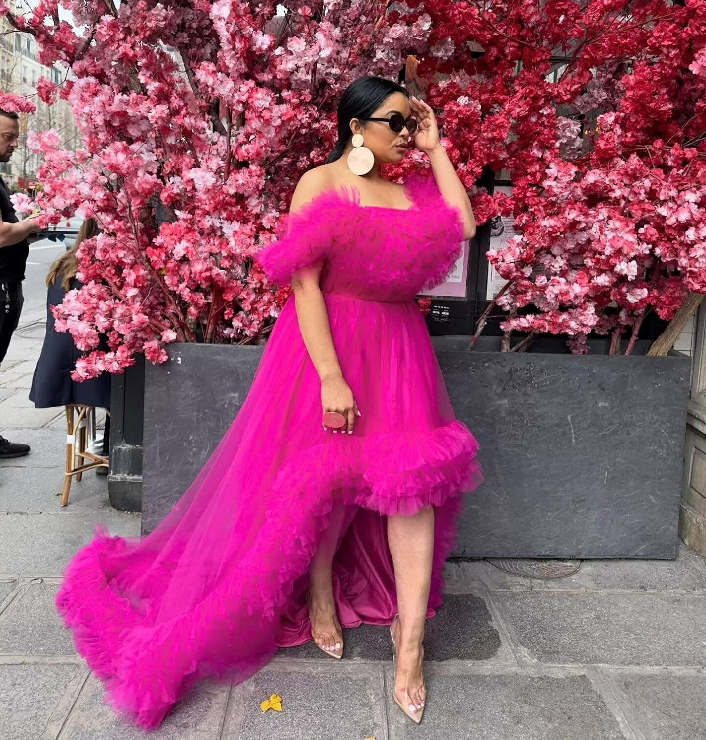 High Low Tulle Prom Dresses Off Shoulder Ruffles Ball Gown 2026 Puffy Long Formal Evening Gowns with Train