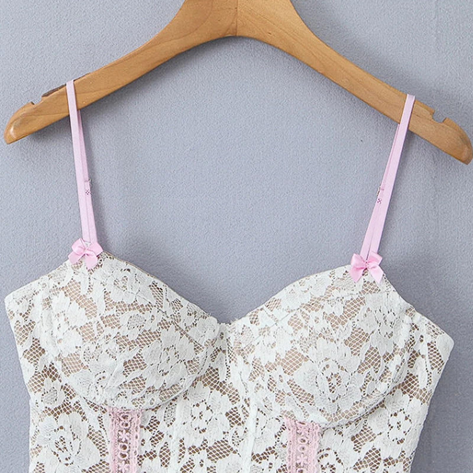 Top Halter con Adornos de Encaje, Lazo, Ojales y Detalles Amarre Camisola Ajustada sin Tirantes Dobladillo Irregular Blanco Cinta Rosa