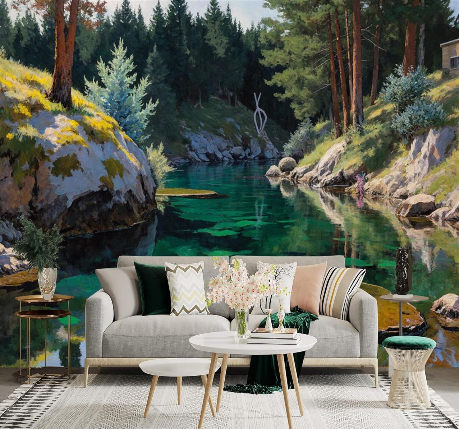 XLMING Serene Forest River Rocks Reflections Natural Scenery 3D Wallpaper Premium Textured Silk Study Dining Living Room Bedroom Sofa TV Wall Easy Install-150cm×105cm