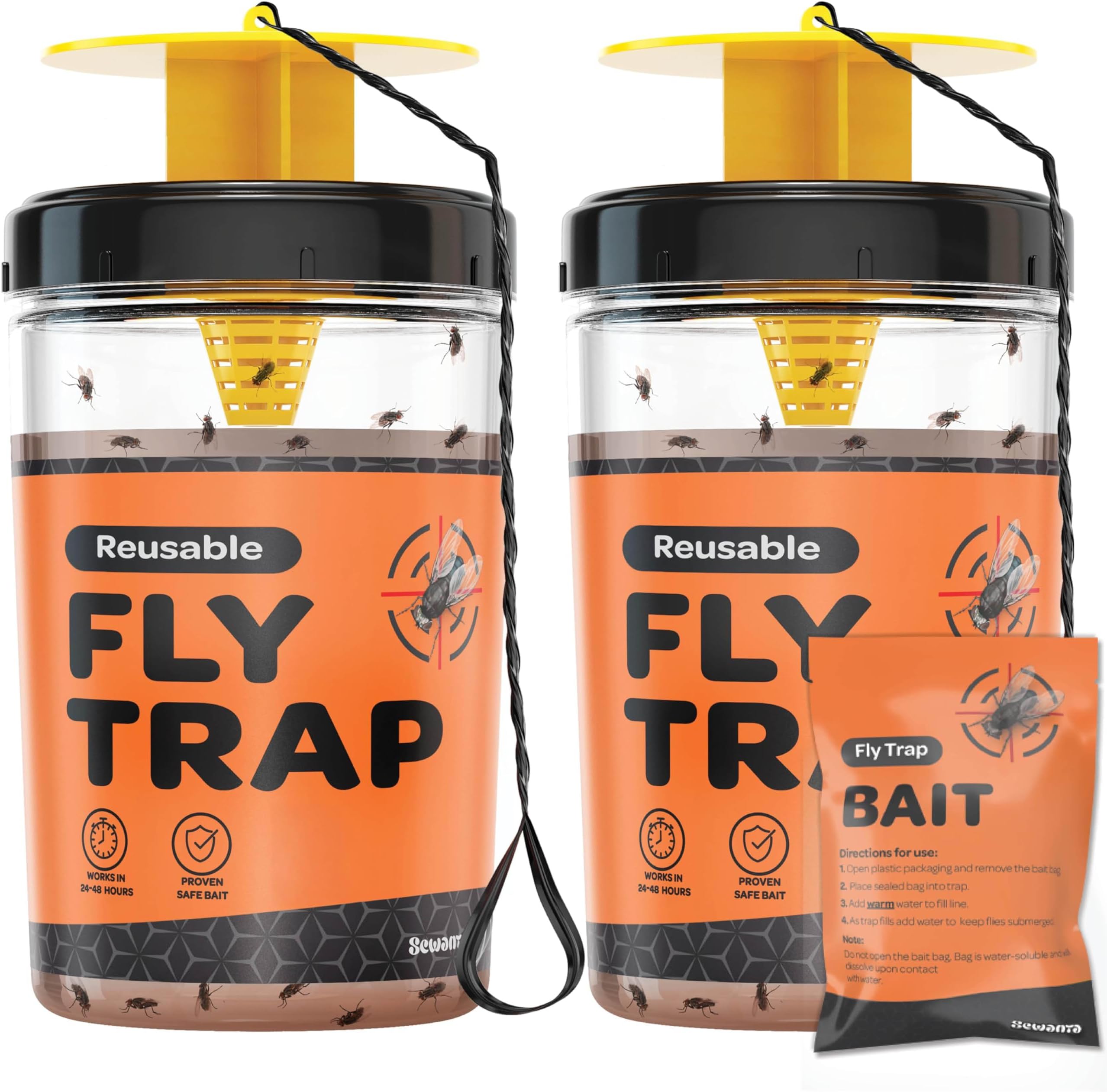 Fly Traps Outdoor [Set of 2] with Dissolvable Non-Toxic Bait - Reusable Hanging Bug Catcher Killer for All Flies for Outside Bug Control Patios, Barns, Ranches Etc. Hanging Fly Traps with Tie Included
