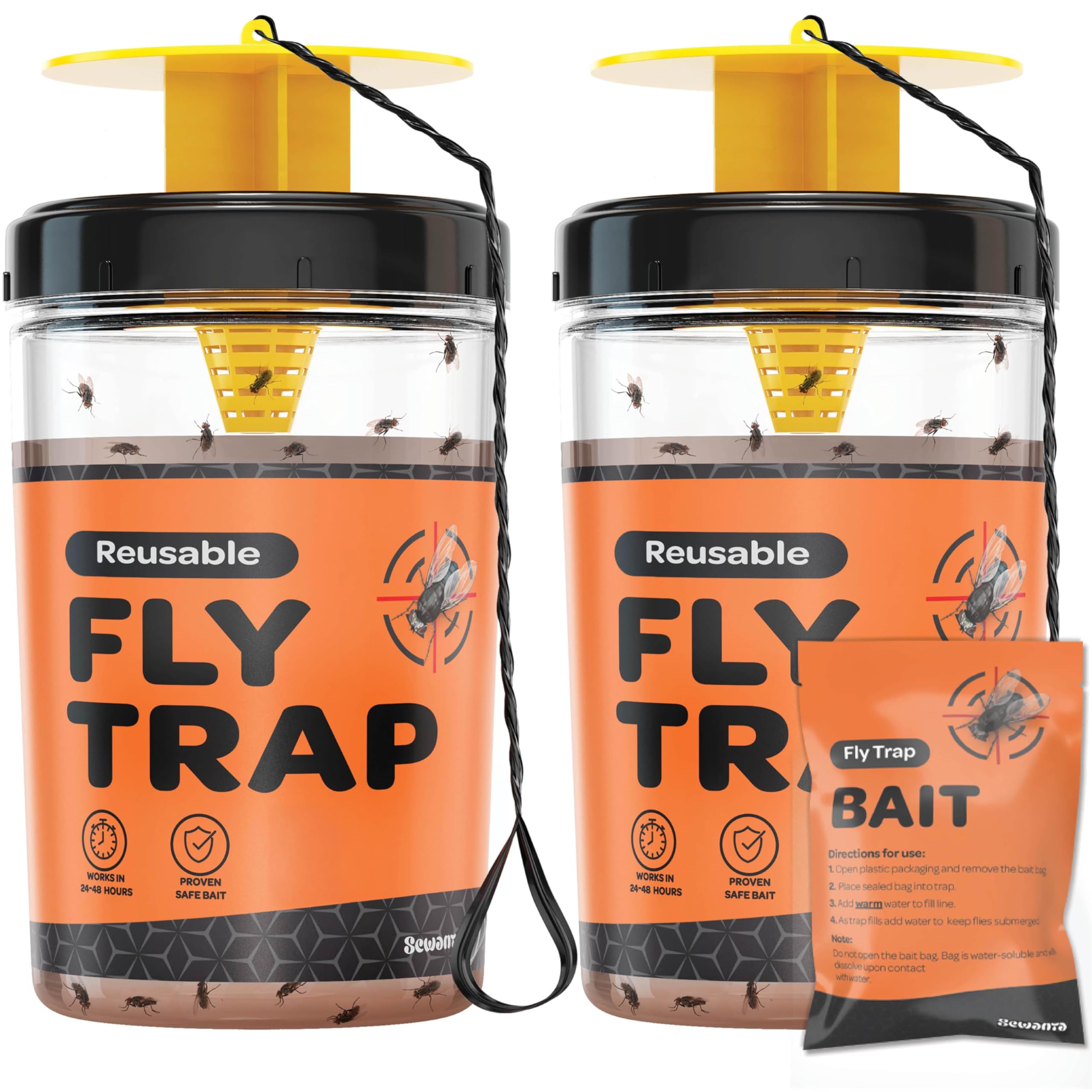 Fly Traps Outdoor [Set of 2] with Dissolvable Non-Toxic Bait - Reusable Hanging Bug Catcher Killer for All Flies for Outside Bug Control Patios, Barns, Ranches Etc. Hanging Fly Traps with Tie Included