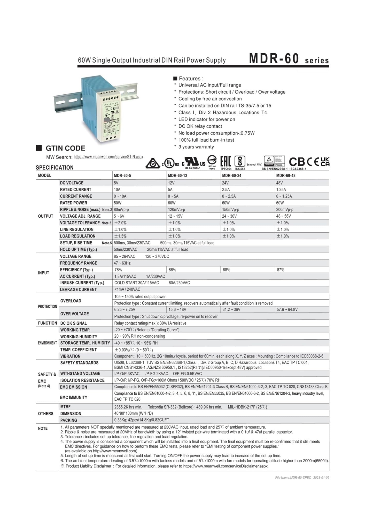 Alimentatore Switching da 60 W MDR-60 MDR-60-5V 10A MDR-60-12V 5A MDR-60-24V 2,5A MDR-60-48V 1,25A(MDR-60-24V 2.5A)