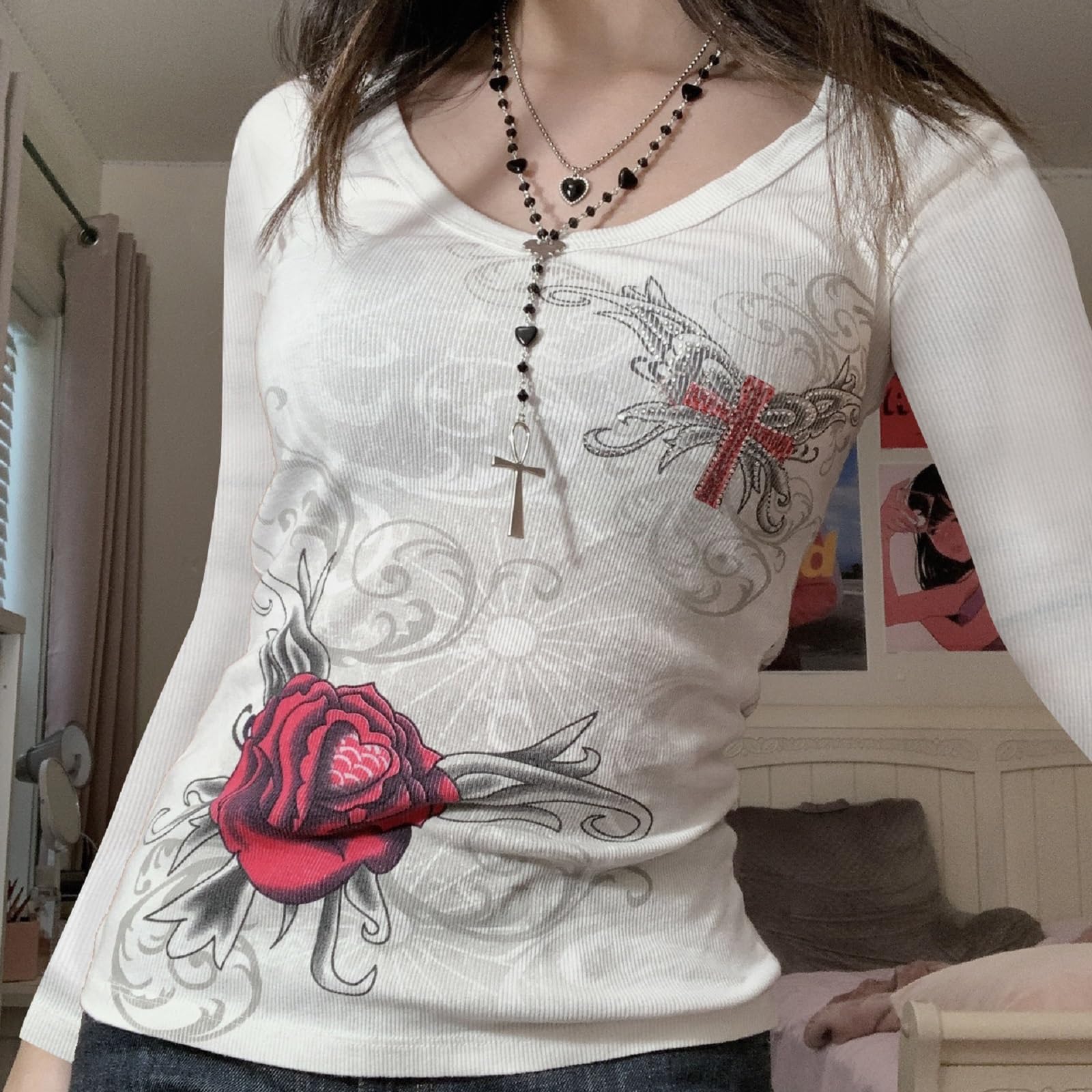 Grunge Clothes for Women Y2K Tops Long Sleeve Fairy Grunge Aesthetic Shirts Teen Girls Vintage Graphic Tees Fall