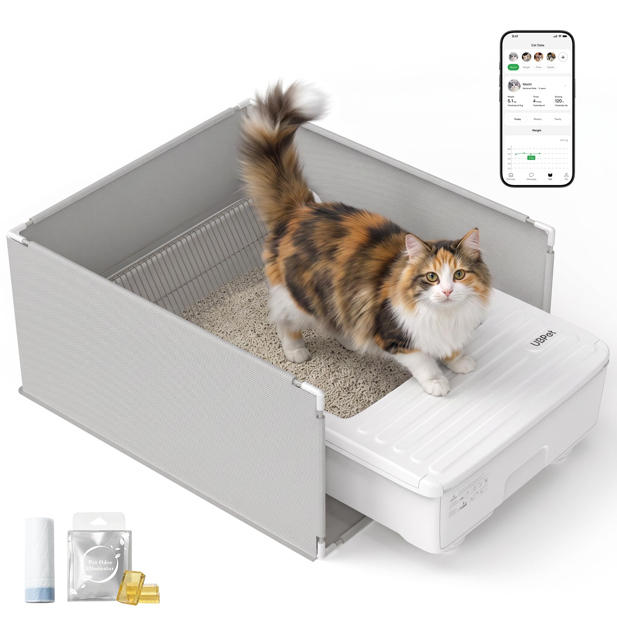 UBPET Selbstreinigende Katzentoilette, offene automatische Katzentoilette für mehrere Katzen, Sicherheitssensoren, Steuerung per App, geruchsneutral, geeignet für Bentonit-Mineralstreu