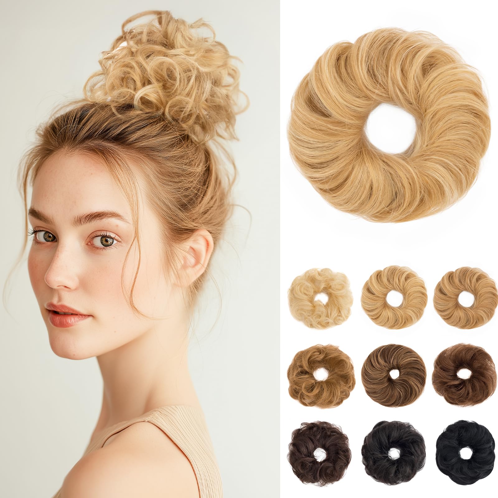 SEGOHAIR 17G Messy Bun Scrunchies Human Hair Curly Wavy Donut Hairpiece for Women Girls Light Blonde Mixed Bleach Blonde Hair Bun Maker Elastic Real Remy Donuts Updo Chignon