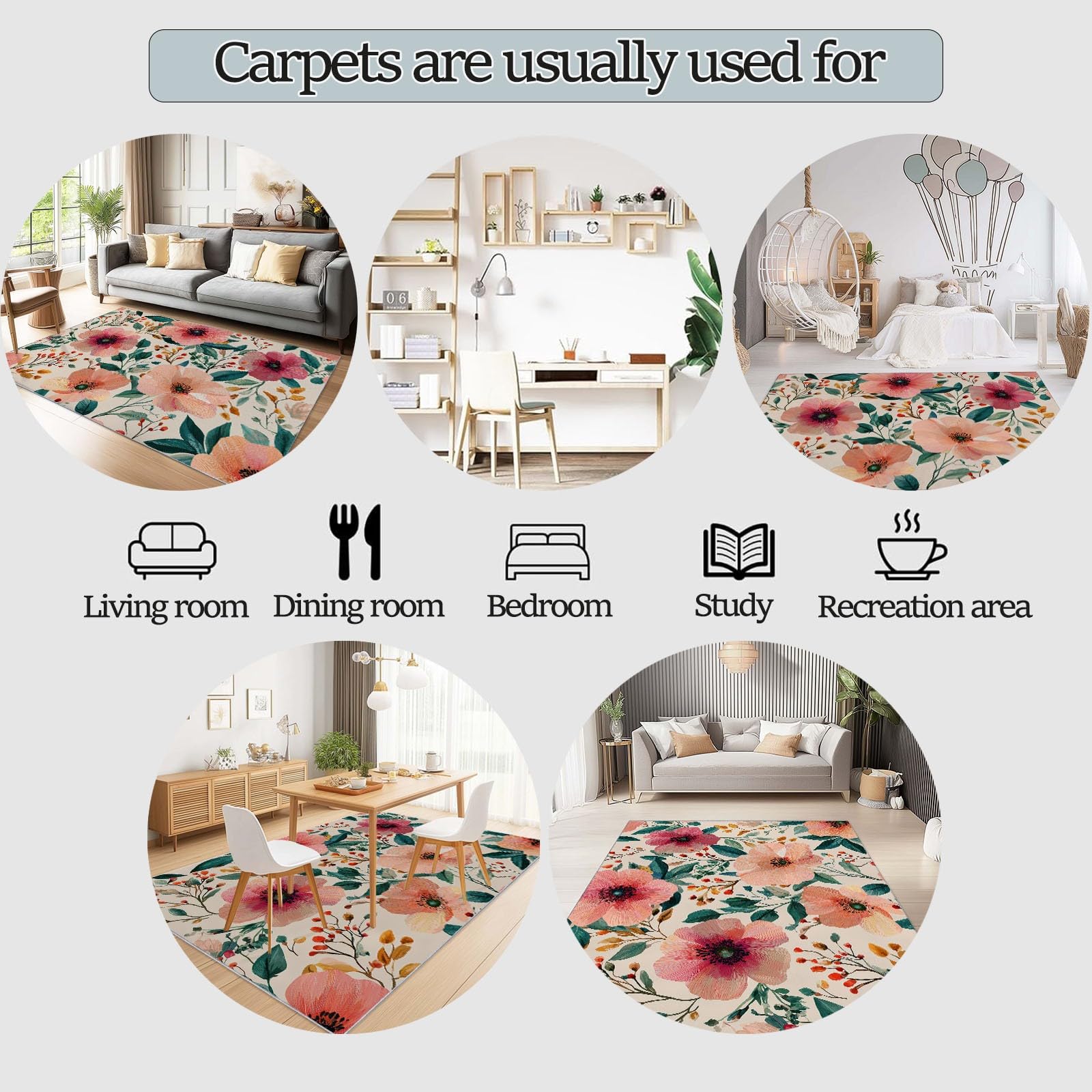 Aquarelle Botanique Interieur Tapis 140 x 200 cm Rose Poil Ras, AntidéRapant Tapis | Tapis Salon, Chambre Adulte Tapis,Descente de Lit, Salle a Manger, Bureau | Fleurs Feuilles Vertes Vignes
