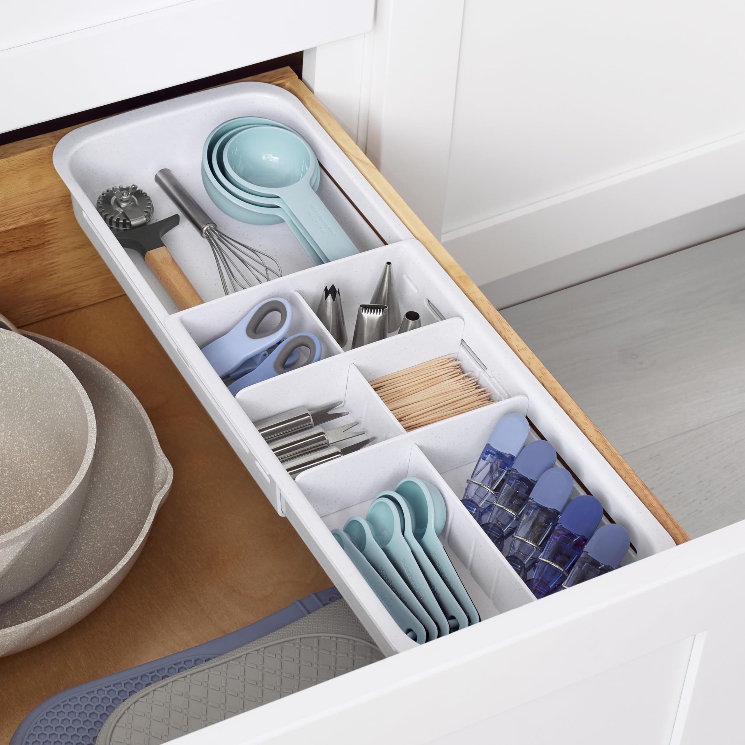 YouCopia DrawerFit Sliding Drawer Tray with Adjustable Dividers, Expandable Kitchen Storage Organizer, Speckled White