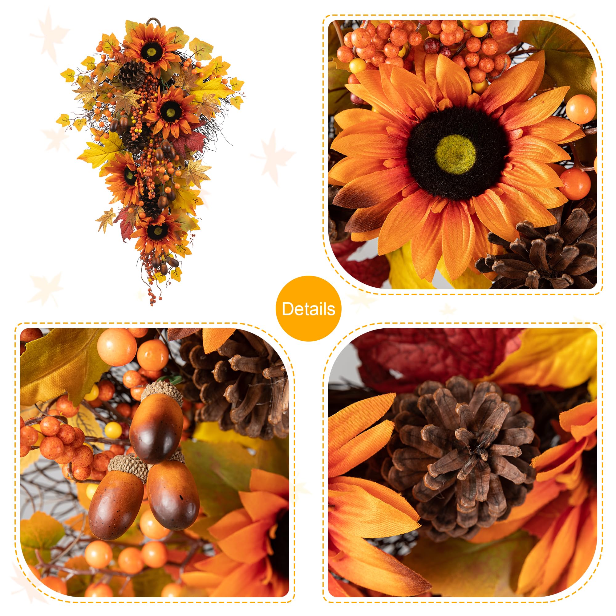 Glitzhome Guirlande décorative de 68,6 cm en forme de larme, récolte d'automne à suspendre au mur, guirlande florale d'automne avec tournesol, feuille d'érable et baies pour décoration de porte