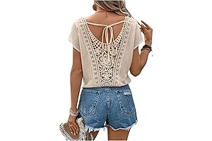 Women's Tie Back Lace V Neck Dolman Sleeve Semi Sheer Tee Shirts