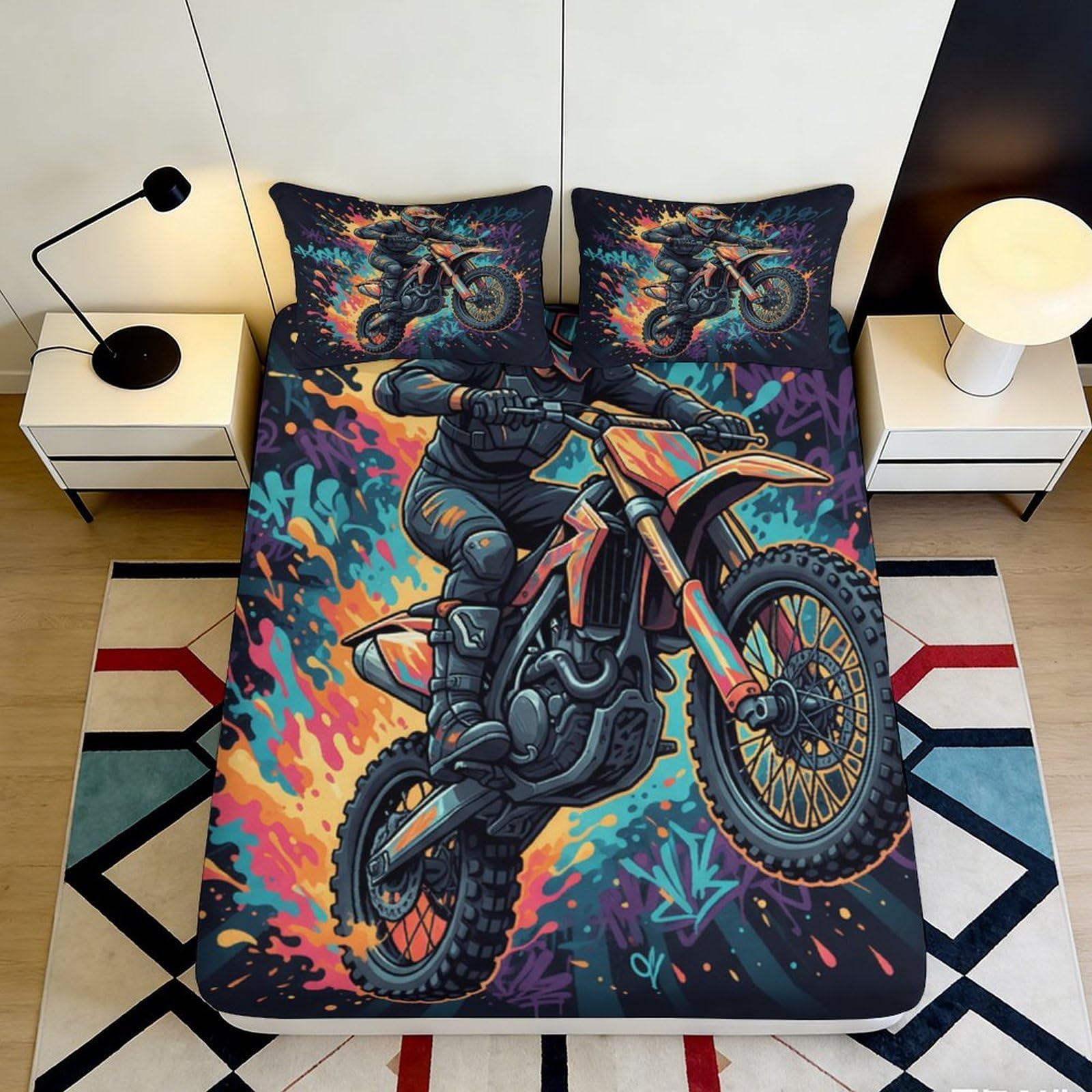 3D Printed Graffiti Motocross Fitted Sheet Microfiber Soft Dirt Bike Mattress Cover for Bedroom Dorm Decor 90x200x25cm
