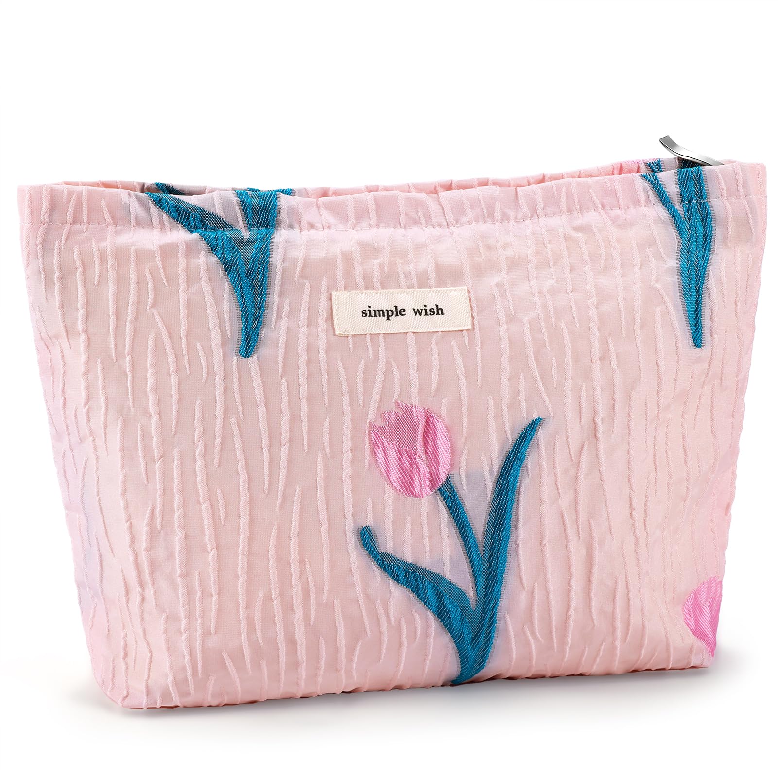 ZLFSRQ Tulip Makeup Bag Travel Cute Pink Flower Floral Cosmetic Bags for Women Large Embroidery Toiletry Pouch Zipper Cosmetic Pouch for Purse