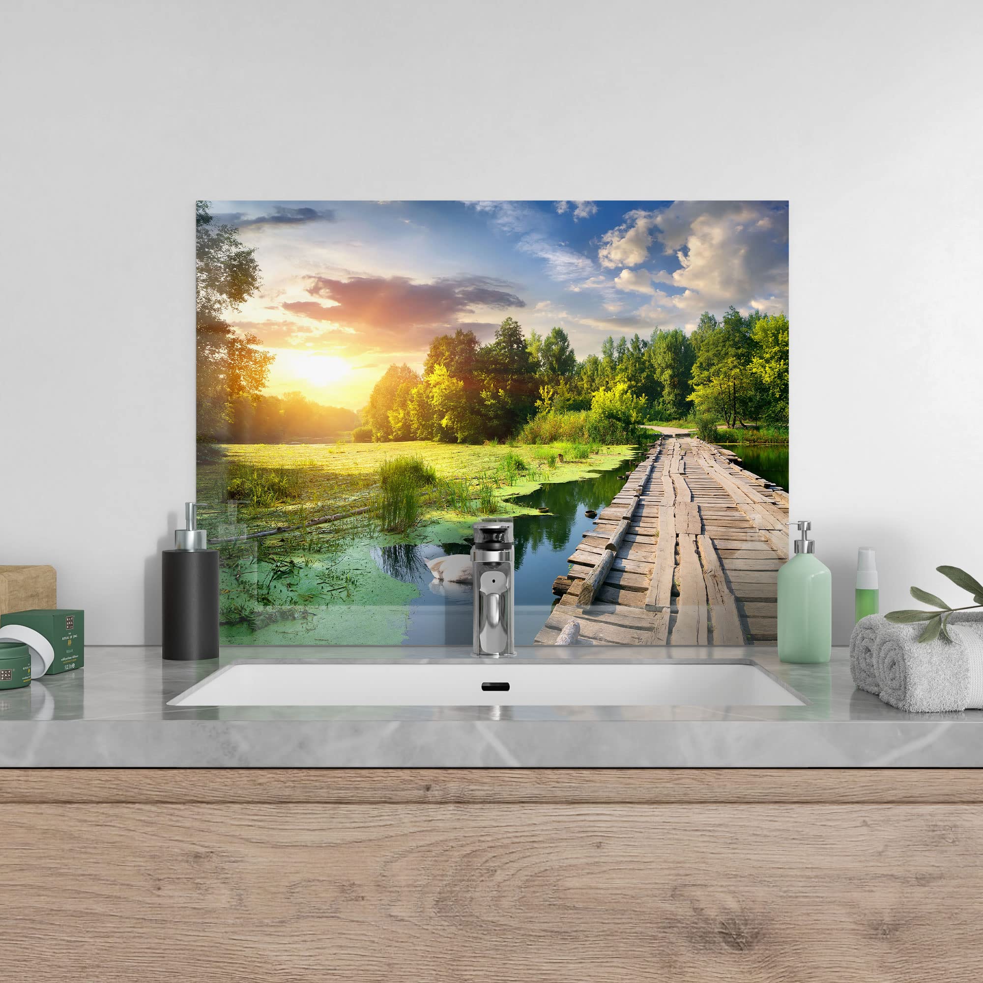 DEQORI Szklana tylna ścianka kuchenna, idylliczny design jeziora, 80 x 60 cm, tylna ścianka łazienki lub kuchenki, ochrona przed rozpryskami płyt kuchennych, do kuchni i łazienki, nowoczesna dekoracja do luster z płytkami