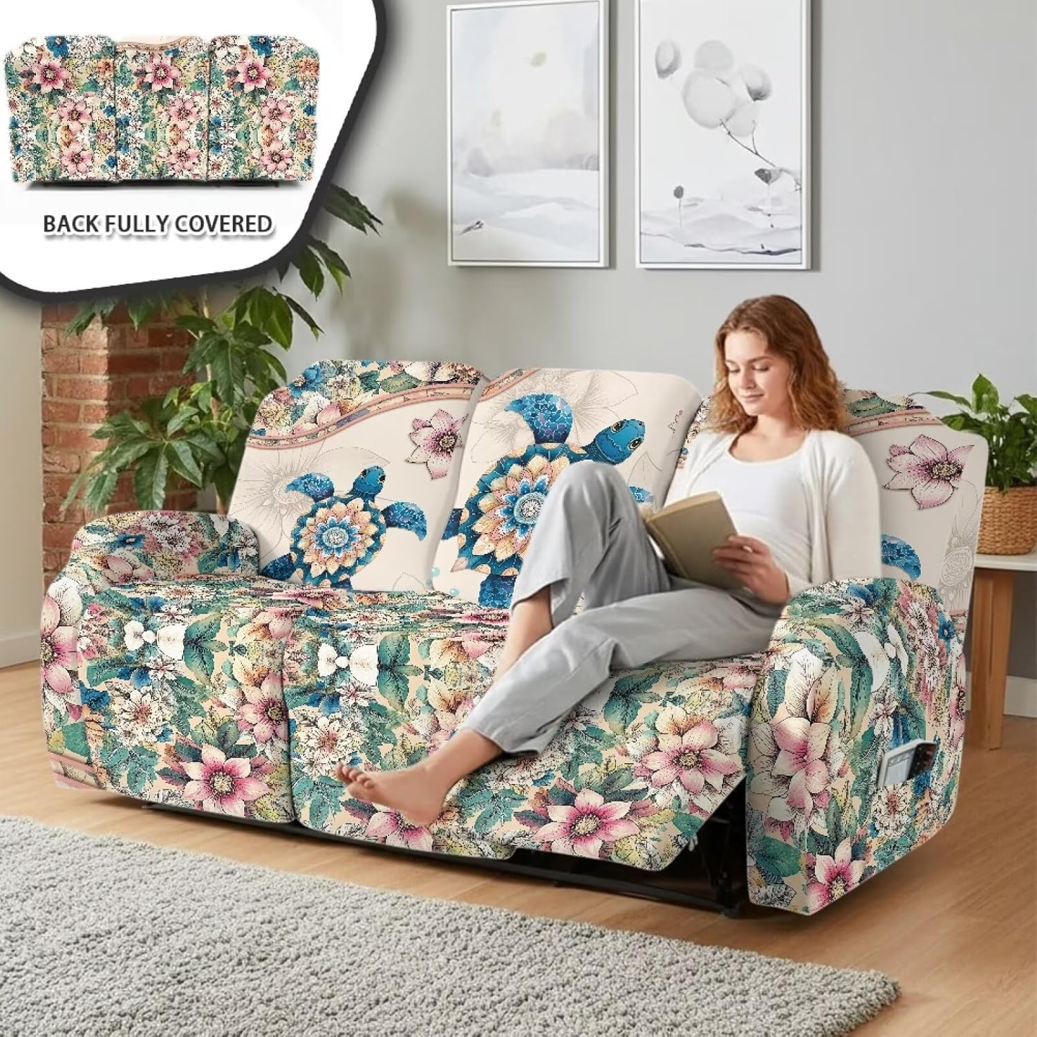 Bohemia Turtle Recliner Sofa Covers 3 Seater Boho Floral Stretch Recliner Couch Slipcovers with Elastic Band Large Universal Reclining Sofa Furniture Protector