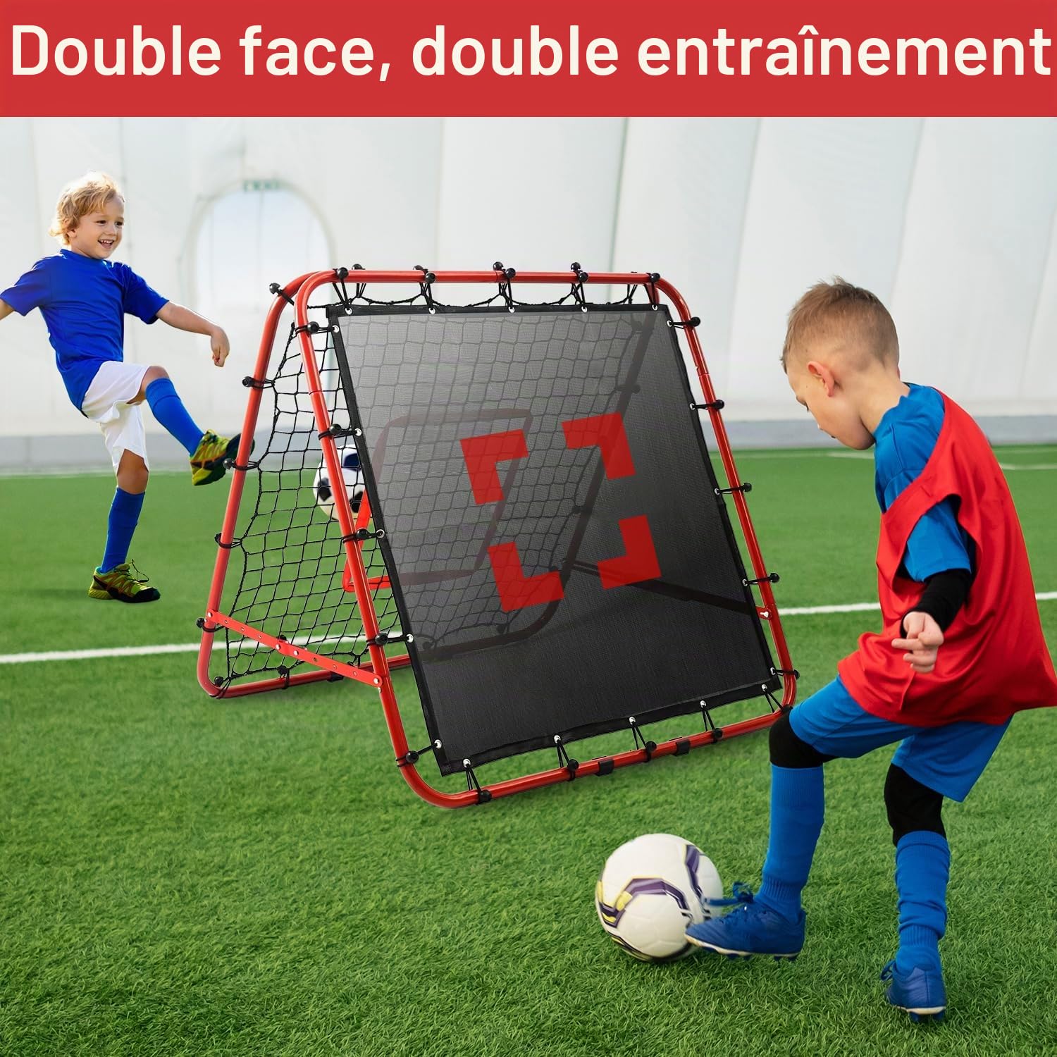 Filet de Rebond Double Face - Angle réglable sur 5 Niveaux Filet de Rebond avec Cible de Kickback pour Enfants But de Football Portable pour Jardin extérieur 100x100 cm Rouge Filet de Rebond Football