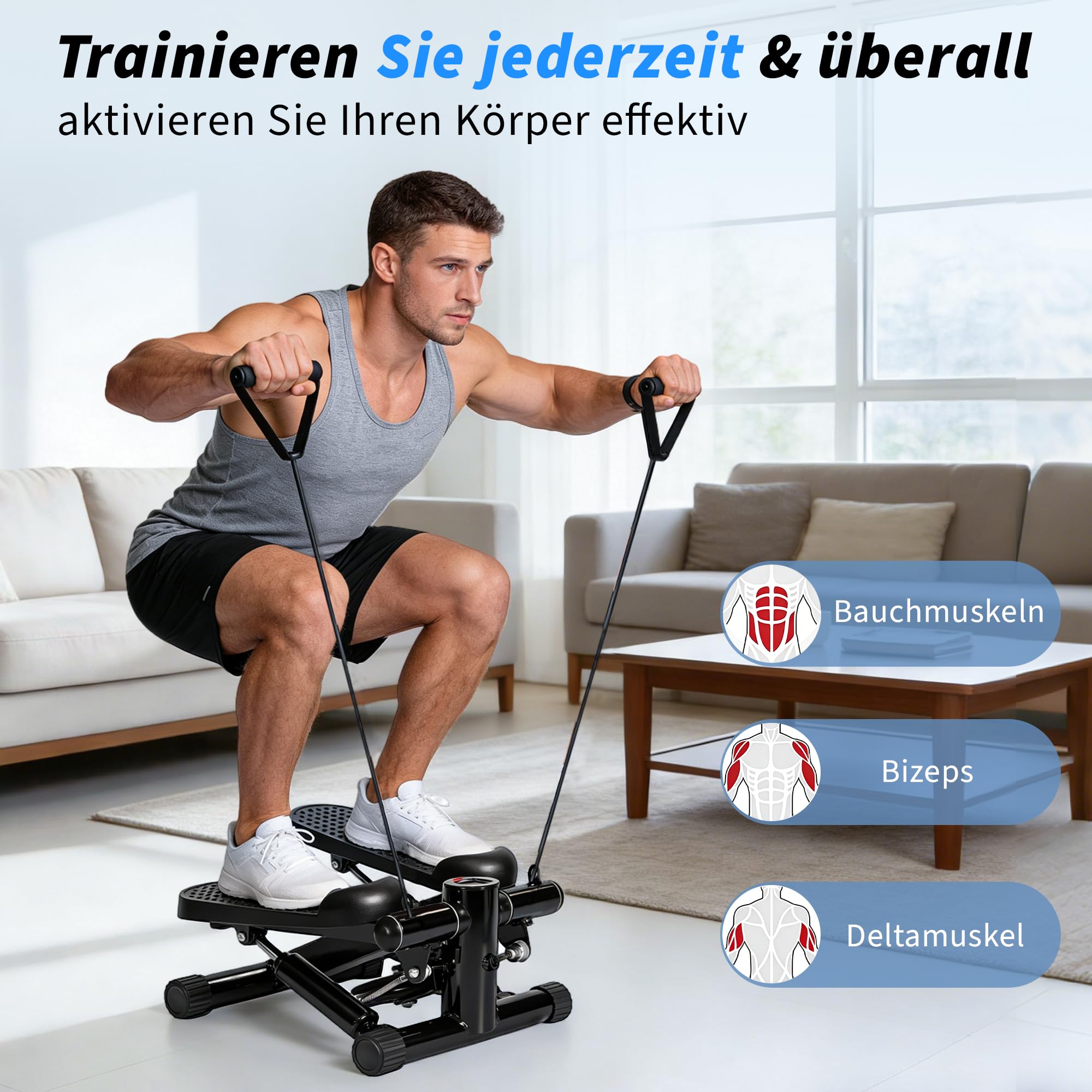 Mini Stepper - Stepper für Zuhause mit Power Ropes - 2-In-1 Ministepper für Beine & Arm - Widerstand Einstellbar - LCD-Display - Home Office Fitness Exercise