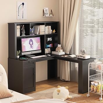 L Shaped Desk with Storage Cabinet,Rustic Executive Corner Desk,Home Office Desk,L-Shaped Study Table Writing Desk with Storage Black1