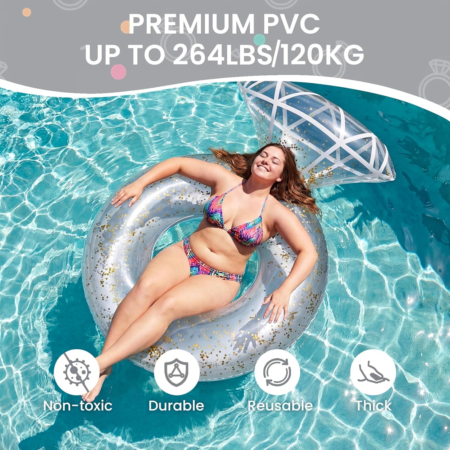 Zeraty Thickened Inflatable Pool Floats Diamond Rings for Adults, Glitter Bachelorette Party Wedding Decorations Bridal Shower Gifts, Engagement Photo Props, Swim Tubes Pool Lounging Supports 265 lbs