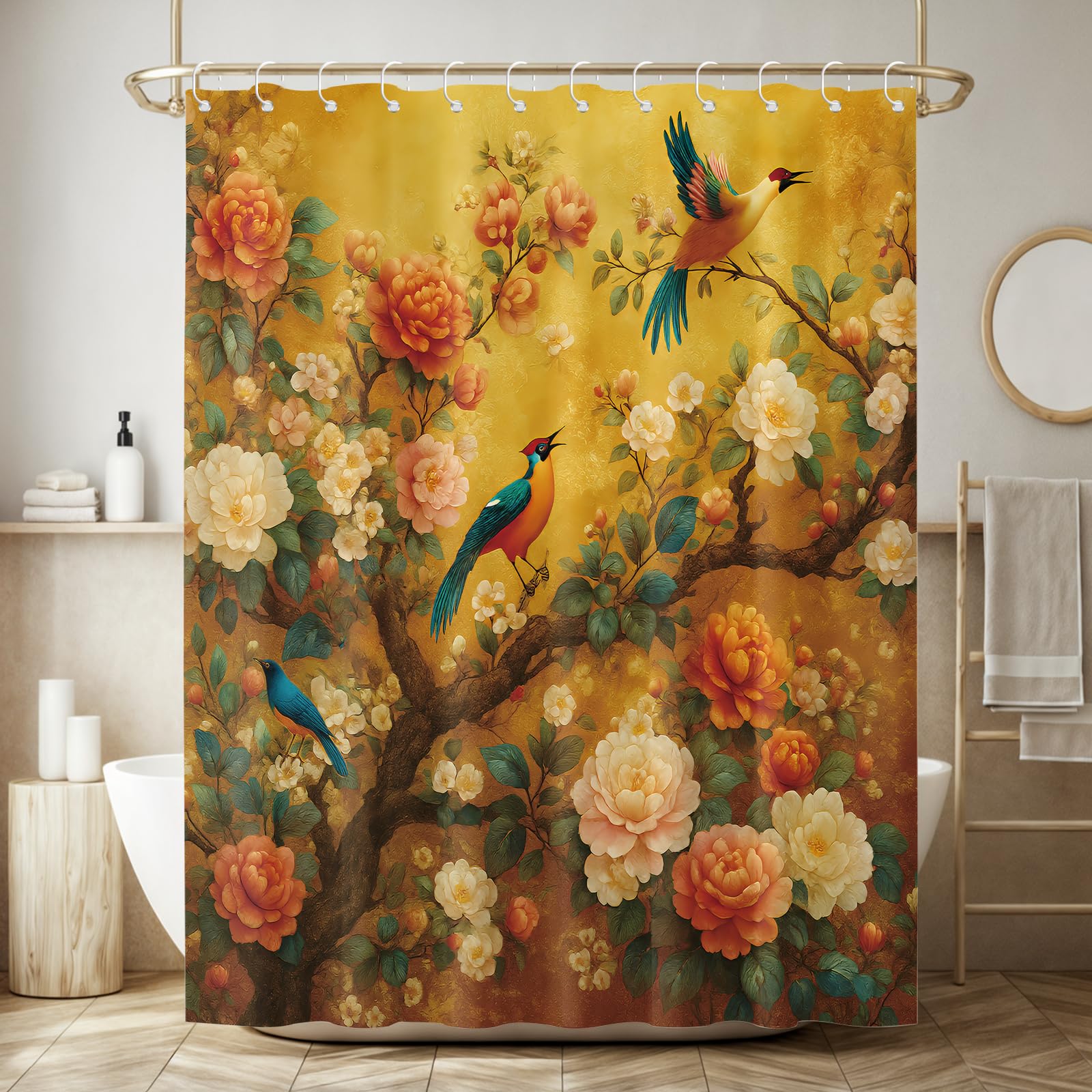 WYRCFS Vintage Yellow Bird Floral Shower Curtain with Hooks, 200x200cm