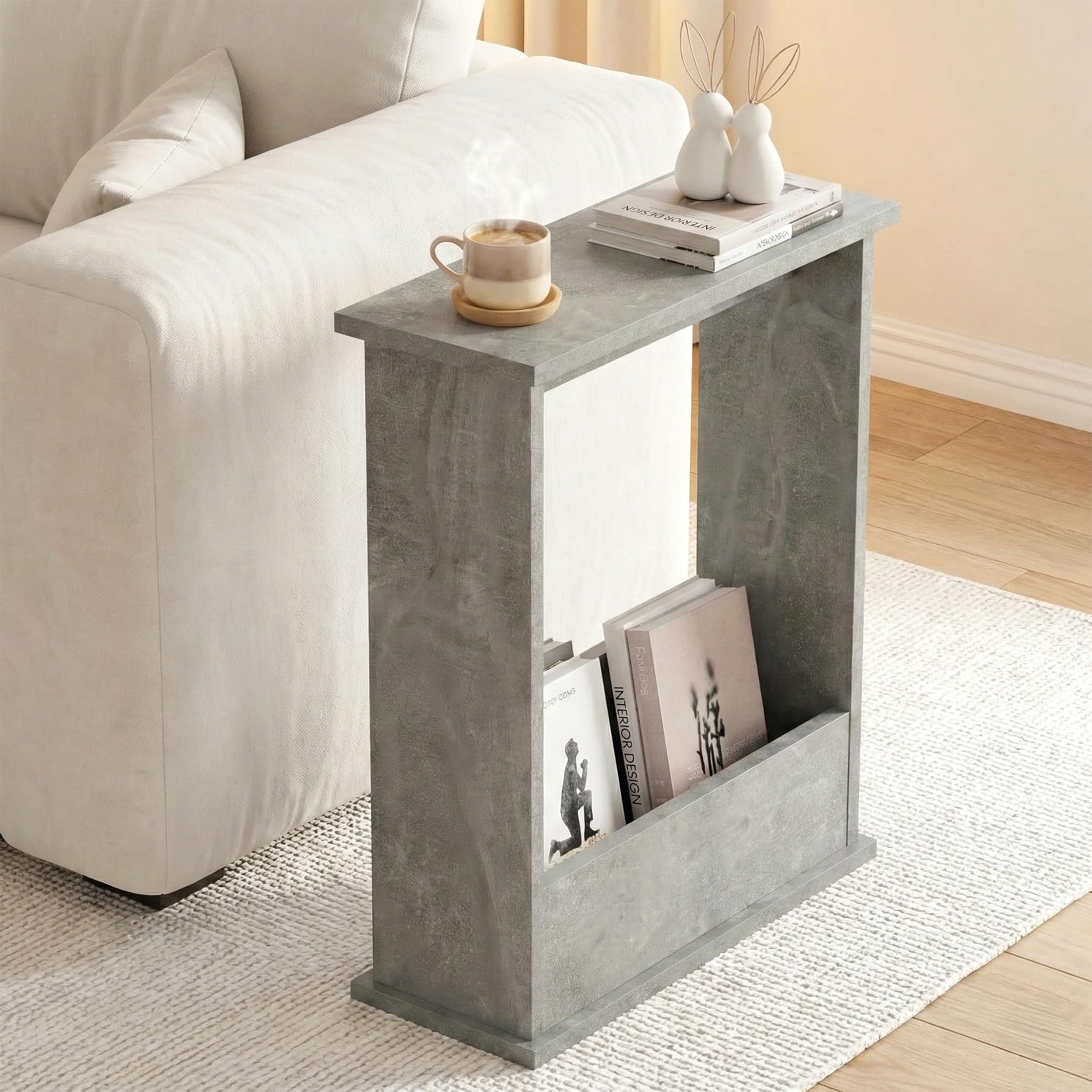 Blisswood Side Table, Slim Side Table with Magazine Rack, Modern Small Sofa End Tables for Living Room and Office, Narrow Bedside Tables for Bedroom, Study (55 x 45 x 18 cm Concrete Grey)