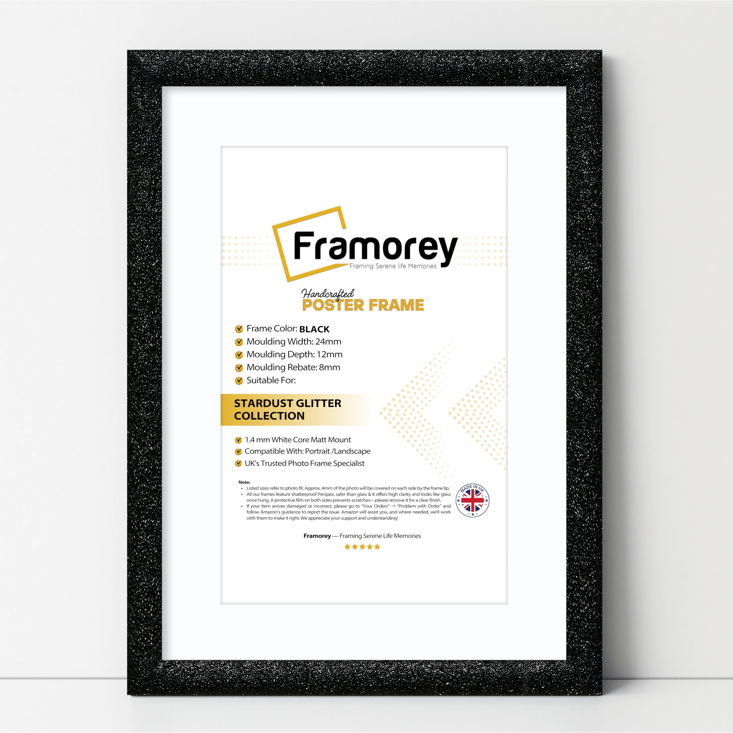 FRAMOREY Glitter Sparkle Picture Frame, 60x70CM Size Black Photo Frame With 50x60CM Size White Mount, Wall Hanging Oxford Poster Frames