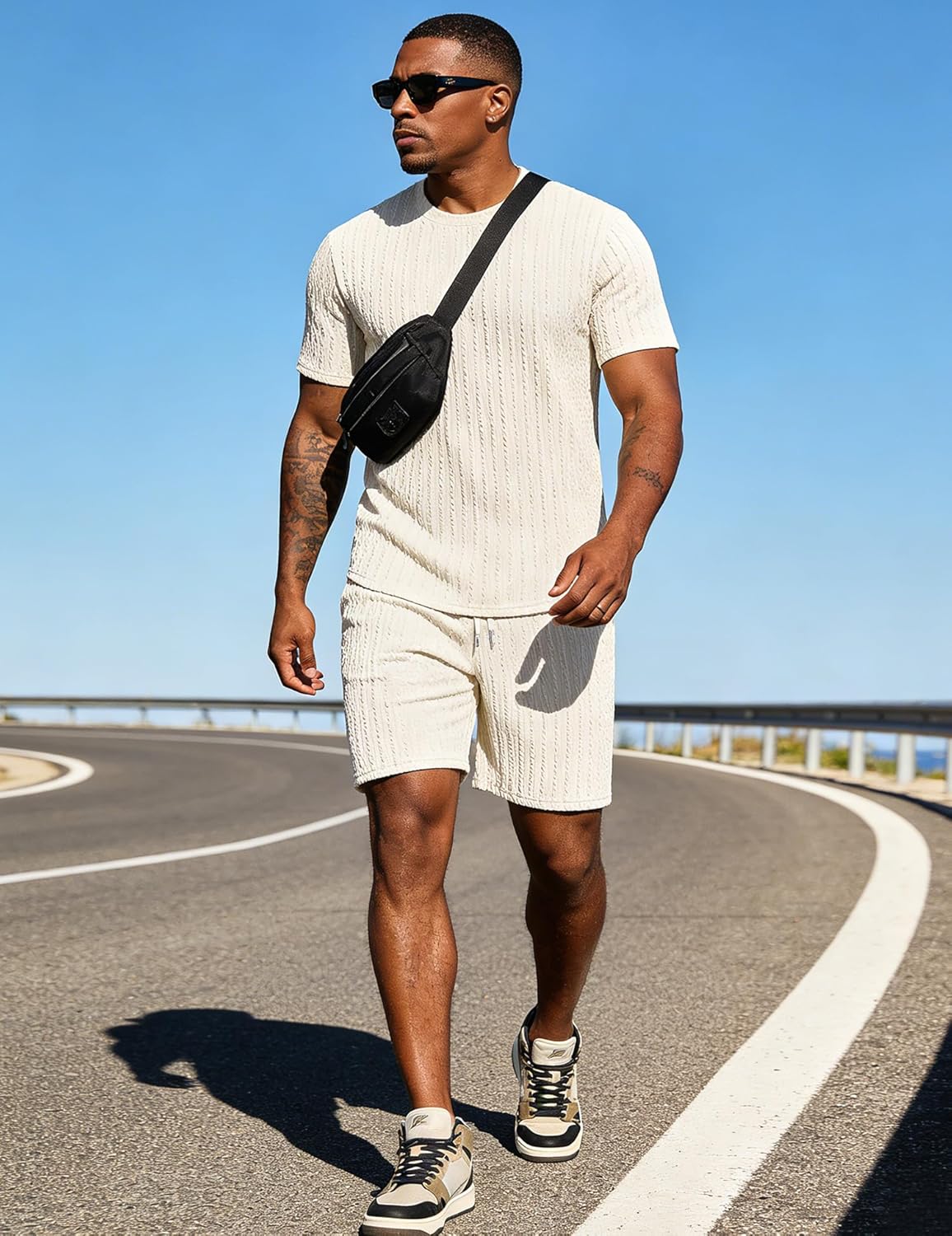 UOUA Mens Shorts Set Crewneck Short Sleeve T-Shirt & Shorts Twisted Texture 2 Piece Summer Outfits Casual Matching Sets