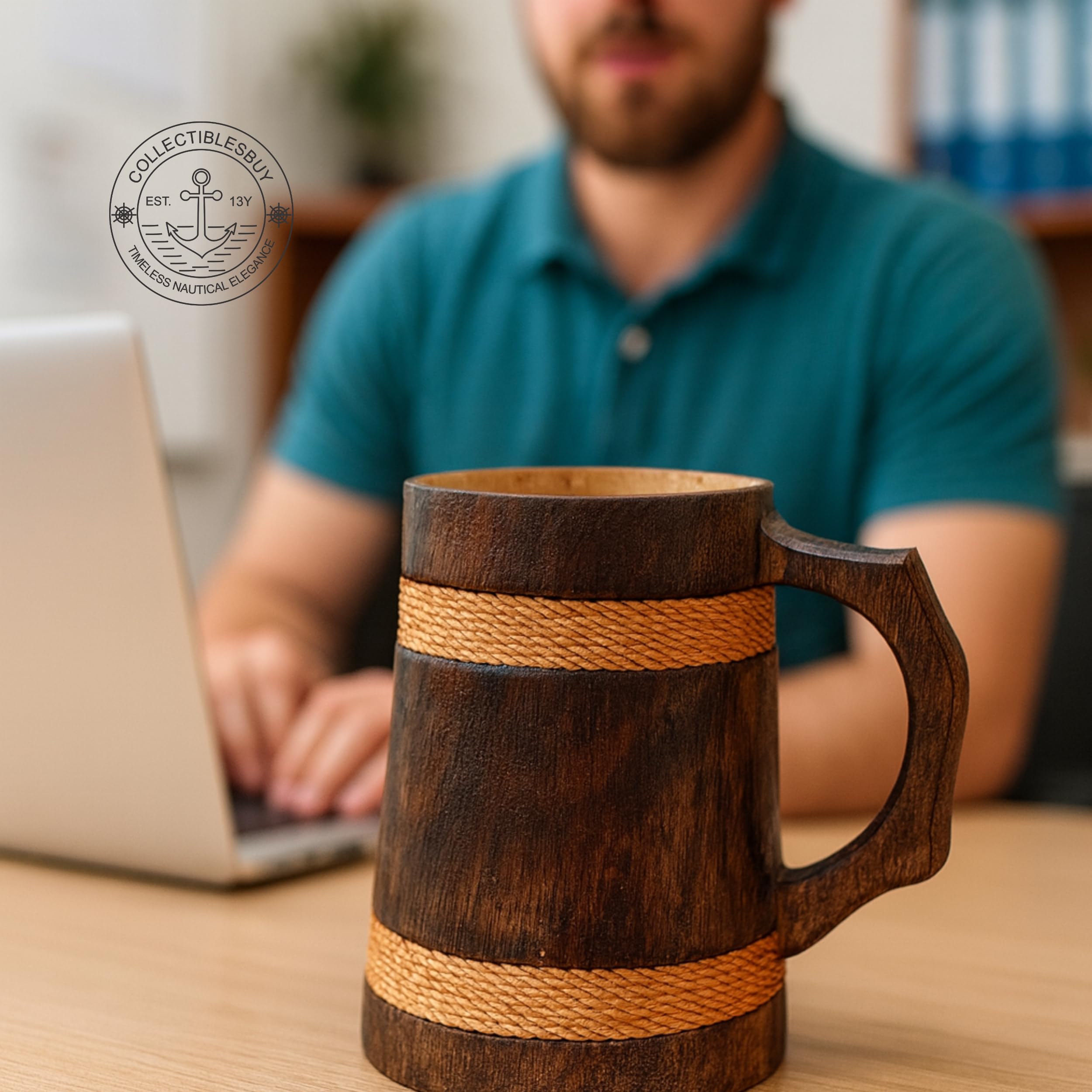 collectiblesBuy Naturholzkrug in Antik-Optik, für Kaffee, Tee, Feier, Küche, Bar, Zubehör, handgefertigt, rustikal, Holz-Bierkrug