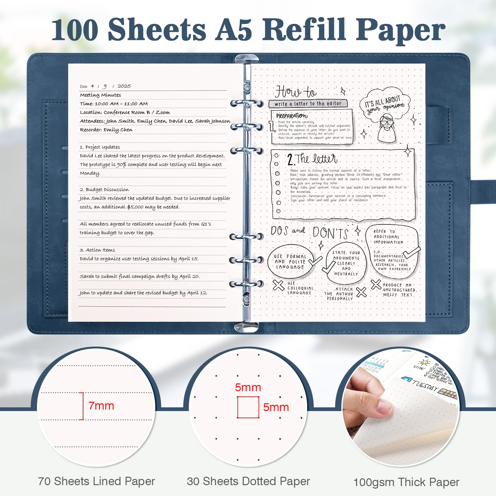 A5 Ringbuch, Ringbuch A5 Nachfüllbar mit 100 Blätter Nachfüllpapier, Leder Notizbuch mit Bindertaschen, Binder Für Schulnotizen Und Reisetagebücher, Geschenk für Mädchen, Jungen (Dunkelblau)