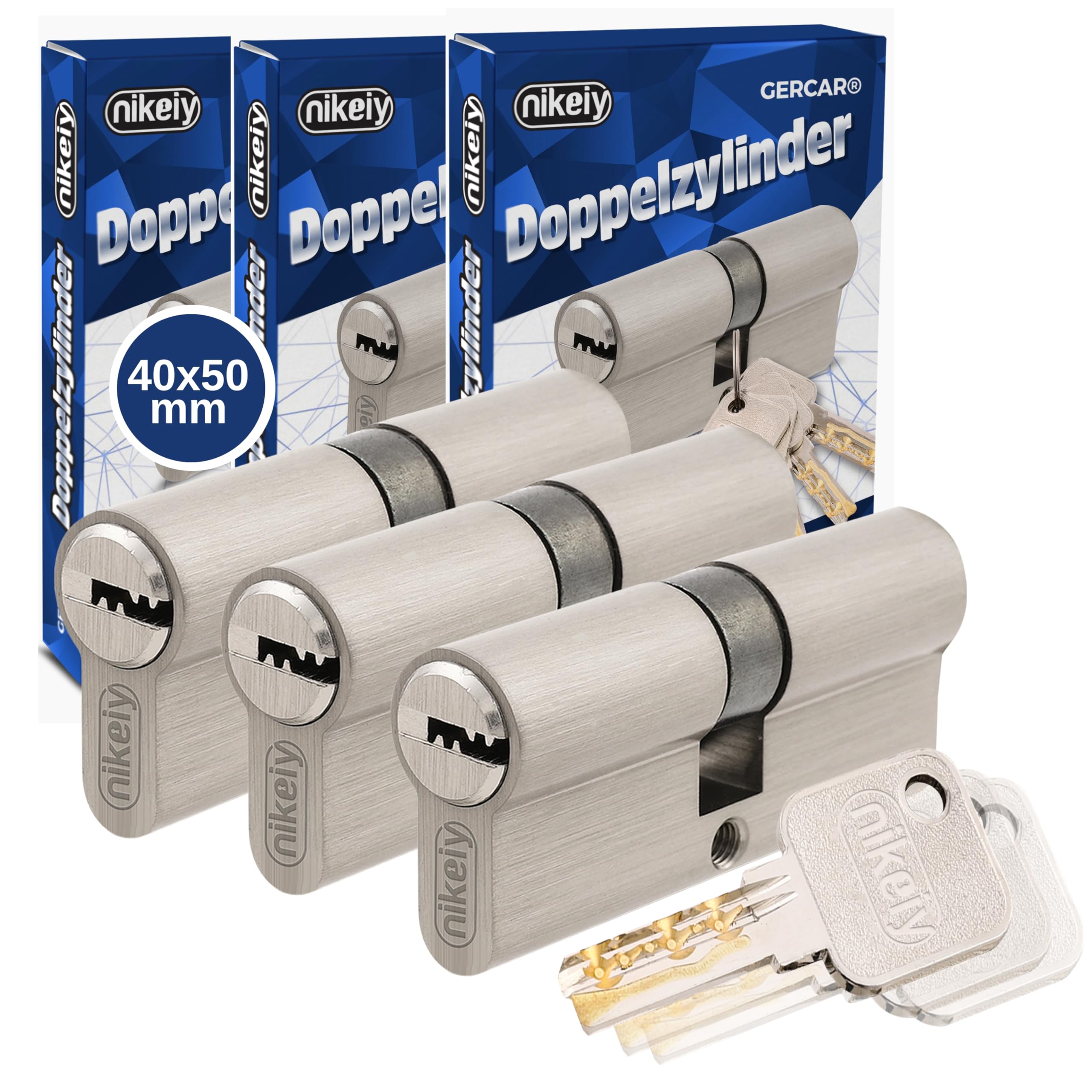 GERCAR Pro - Cilindro profilato 40/50 massiccio a chiave uguale, set da 3 doppi cilindri, serratura a cilindro - ottone opaco - incluse 10 chiavi - chiave reversibile - lunghezza: 90 mm, A:40 B:50-3x
