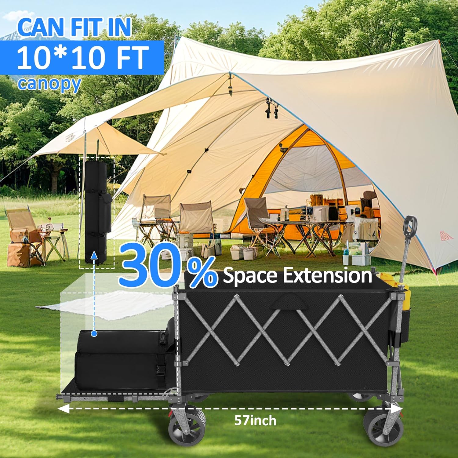 57" L Large Collapsible Foldable Wagon with Tailgate & Brake, 500LBS Heavy Duty Beach Wagons with All-Terrain Big Wheels, 300L Folding Utility Cart for Sand Garden Shopping Groceries Sports (Black)