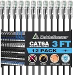 CableGeeker Cat6A Ethernet Patch Cable 1ft-12Pack Black, High-Speed 10Gpbs, 550MHz Slim Patch Cables, 28AWG Flexiable Network Cord with Gold Plated, Snagless Internet Cord for Patch Panel