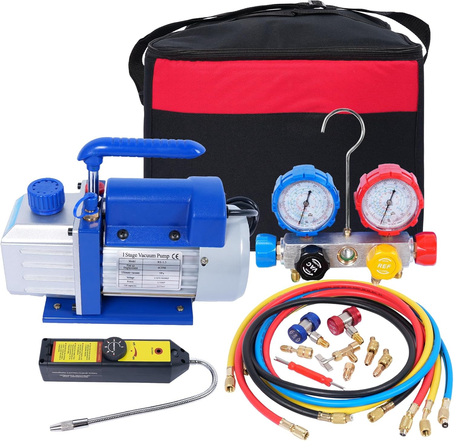 SINOCMP 4-Way Valve AC Manifold Gauge Set Kit, 4CFM Single Stage 110V 1/3 HP HVAC Vacuum Pump with Leak Detector for R134a R410a R12 R22 Air Conditioning Refrigeration Recharging