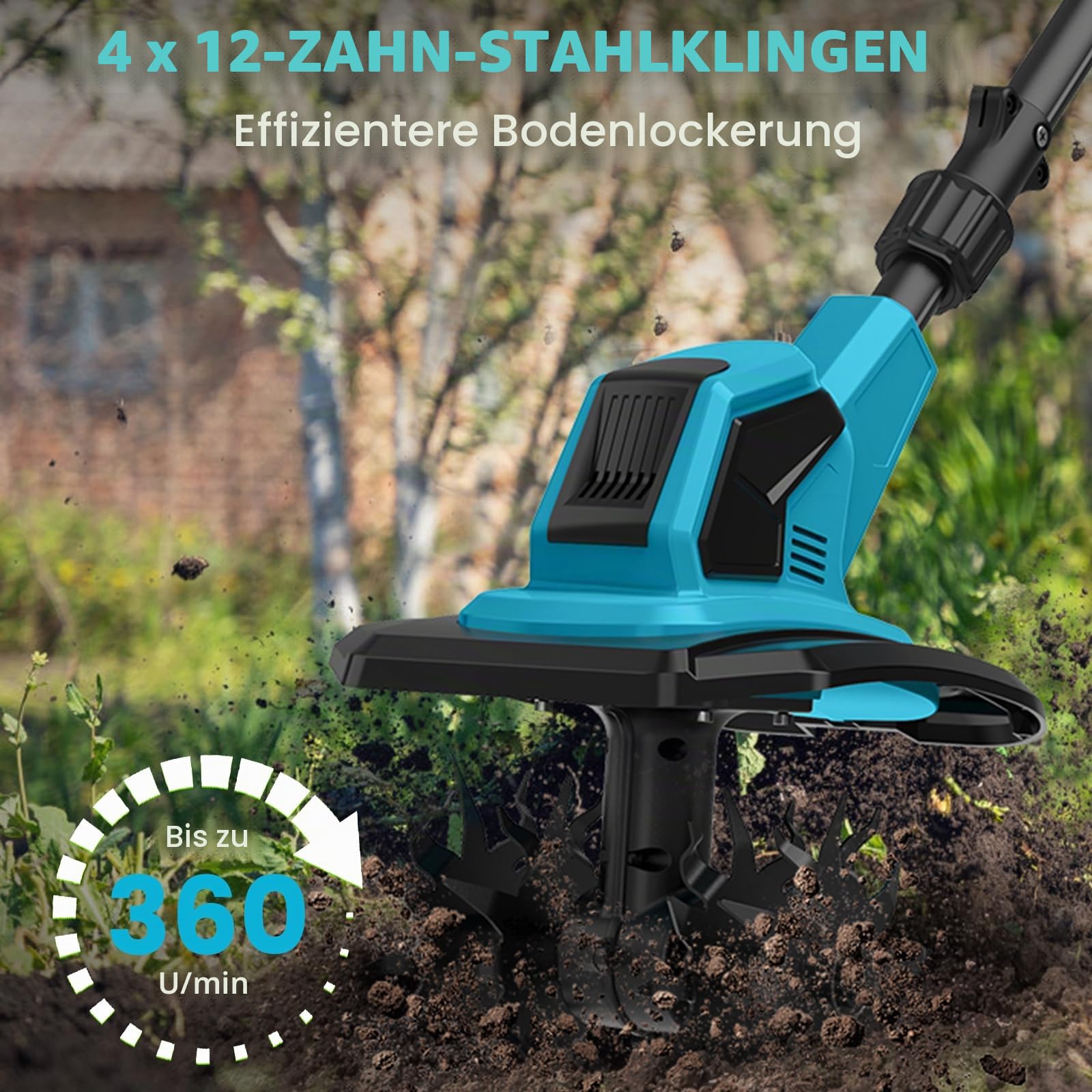 Elektrische Motorhacke, 21 V, kabellose Gartenfräse, 600 W, mit 2 x 4,0 Ah Batterien, Arbeitsbreite 17 cm, Arbeitstiefe 24 cm, 360 U/min, elektrische Motorhacke für Garten und Hof