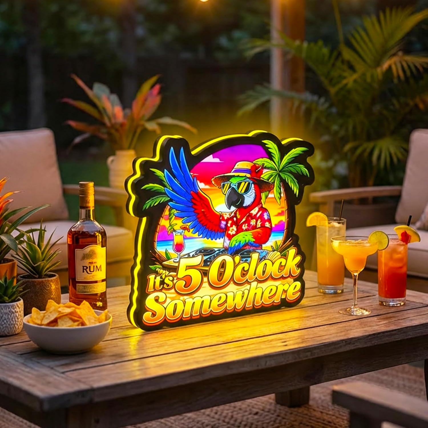 It's 5 O'clock Somewhere Neon Sign - UV Printed Tropical Parrot LED Light Box with Glowing Border - Dimmable Bar Sign for Home Bar Tiki Patio Man Cave Wall Decor - USB Powered Acrylic Art image 2