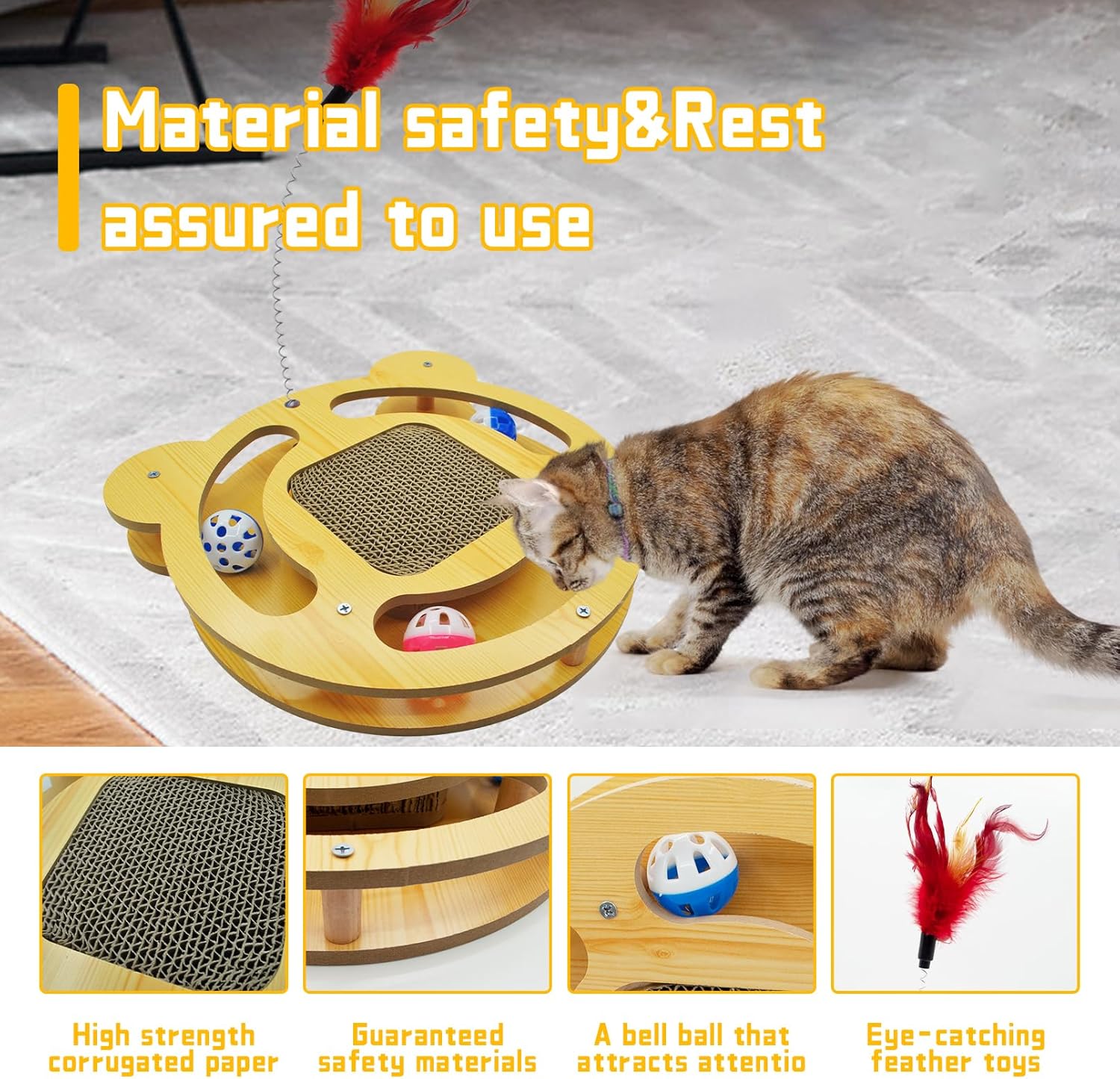 review Interactive Cat Toys for Indoor, Cat Scratcher Toy Cat Toys with Balls Track Roller Pad Wooden Track Scratching Colorful Feather Toys Kitten Scratch Cardboard Exercise