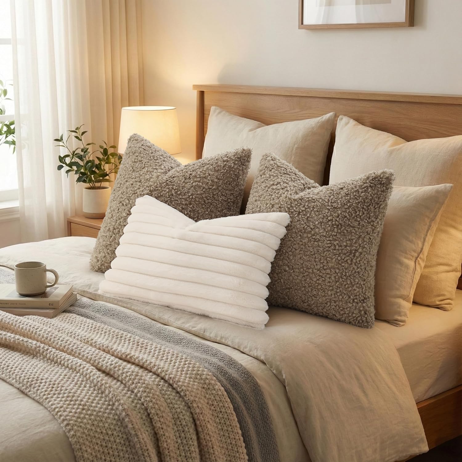 decorUhome Pack of 2 Throw Pillow Covers 24x24 Inch, Faux Fur Decorative Sherpa Pillow Covers Fuzzy Accent Soft Sheepskin Fleece Pillow Cases for Couch Living Room Bed, Khaki