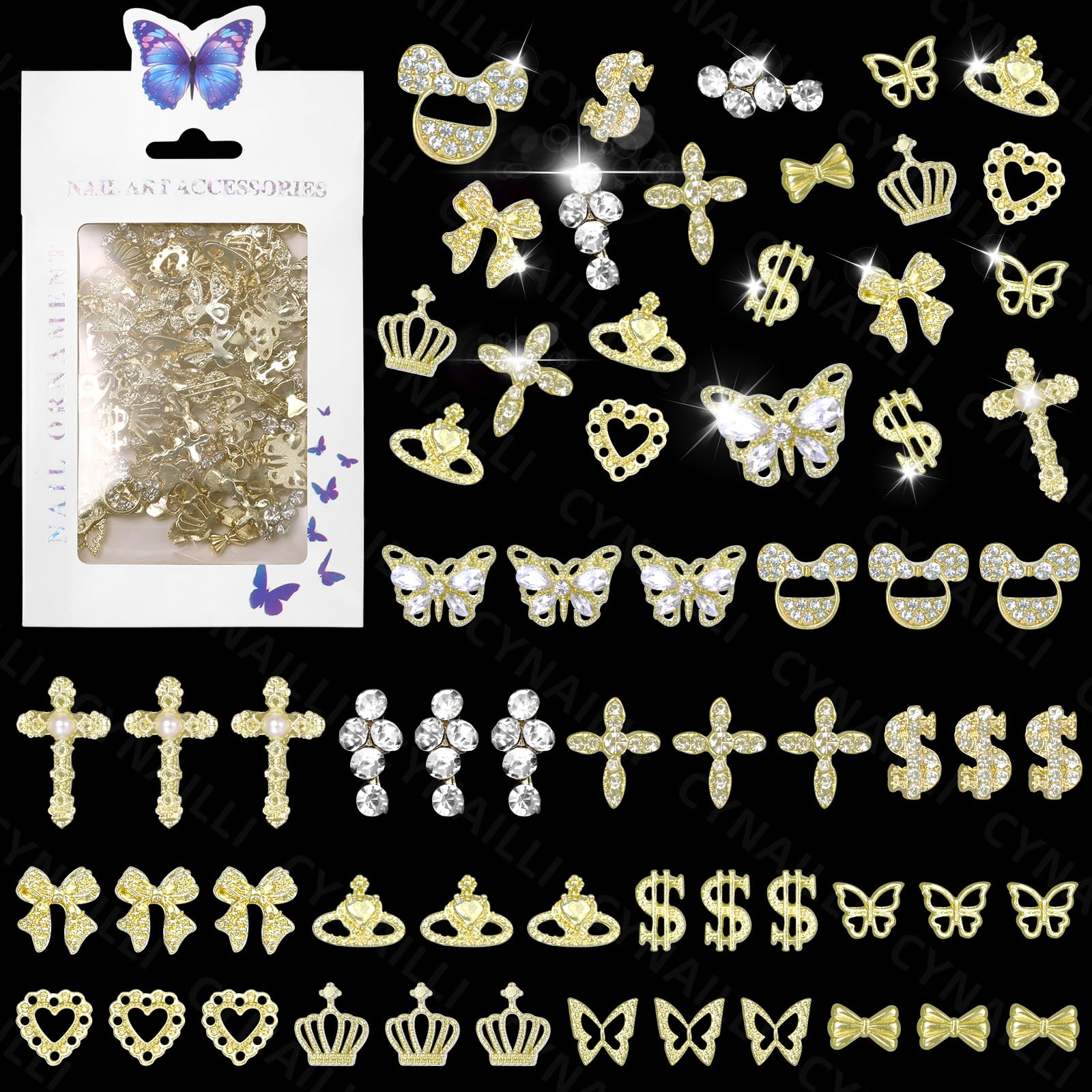 110 Pcs Gold Cross Nail Charms, Butterfly Dollar Cross Nail Gems Charms, Bows Crown Heart Nail Art Charms Rhinestones for Nail Art Design DIY