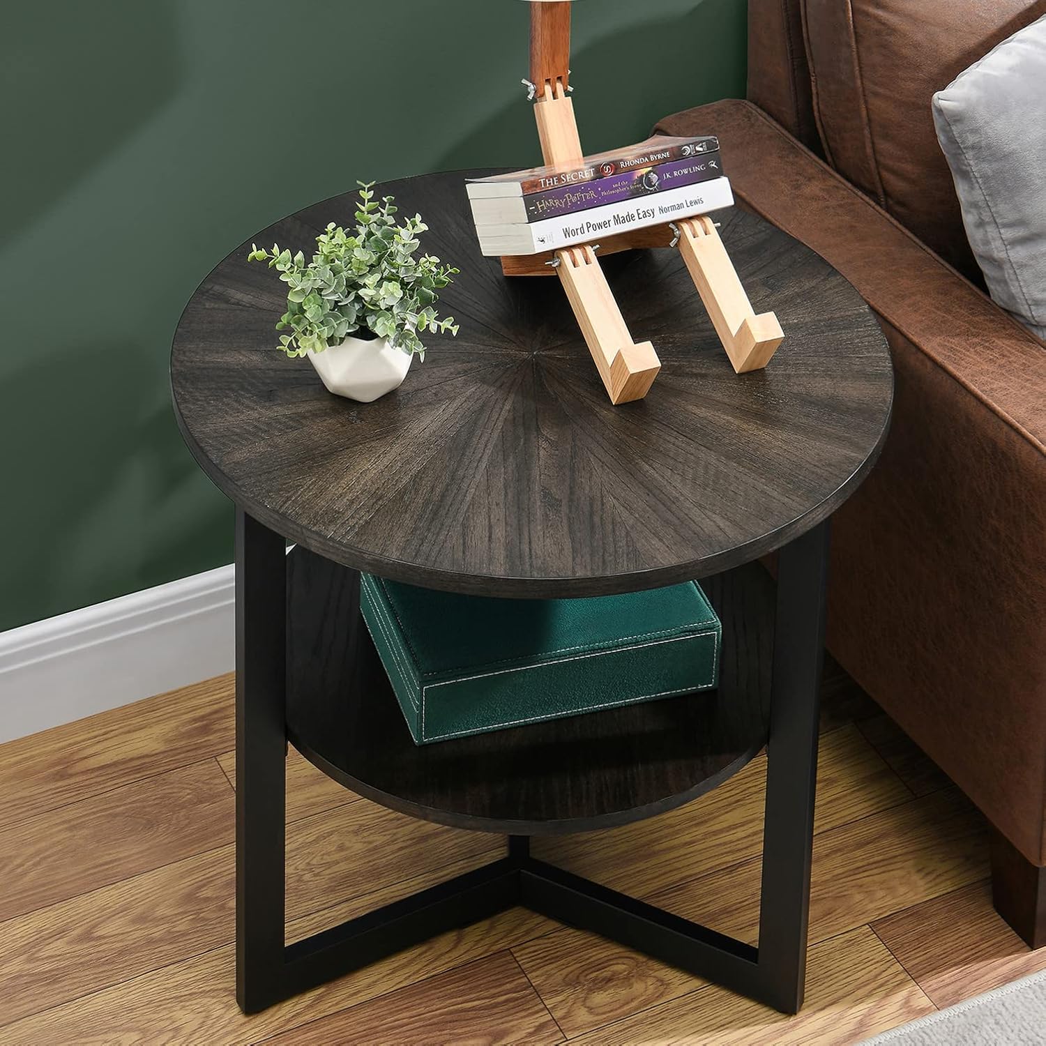 Amazon.com: MODERION Large Round End Table with Storage Shelf, Rustic Circular Sofa Side Black ...