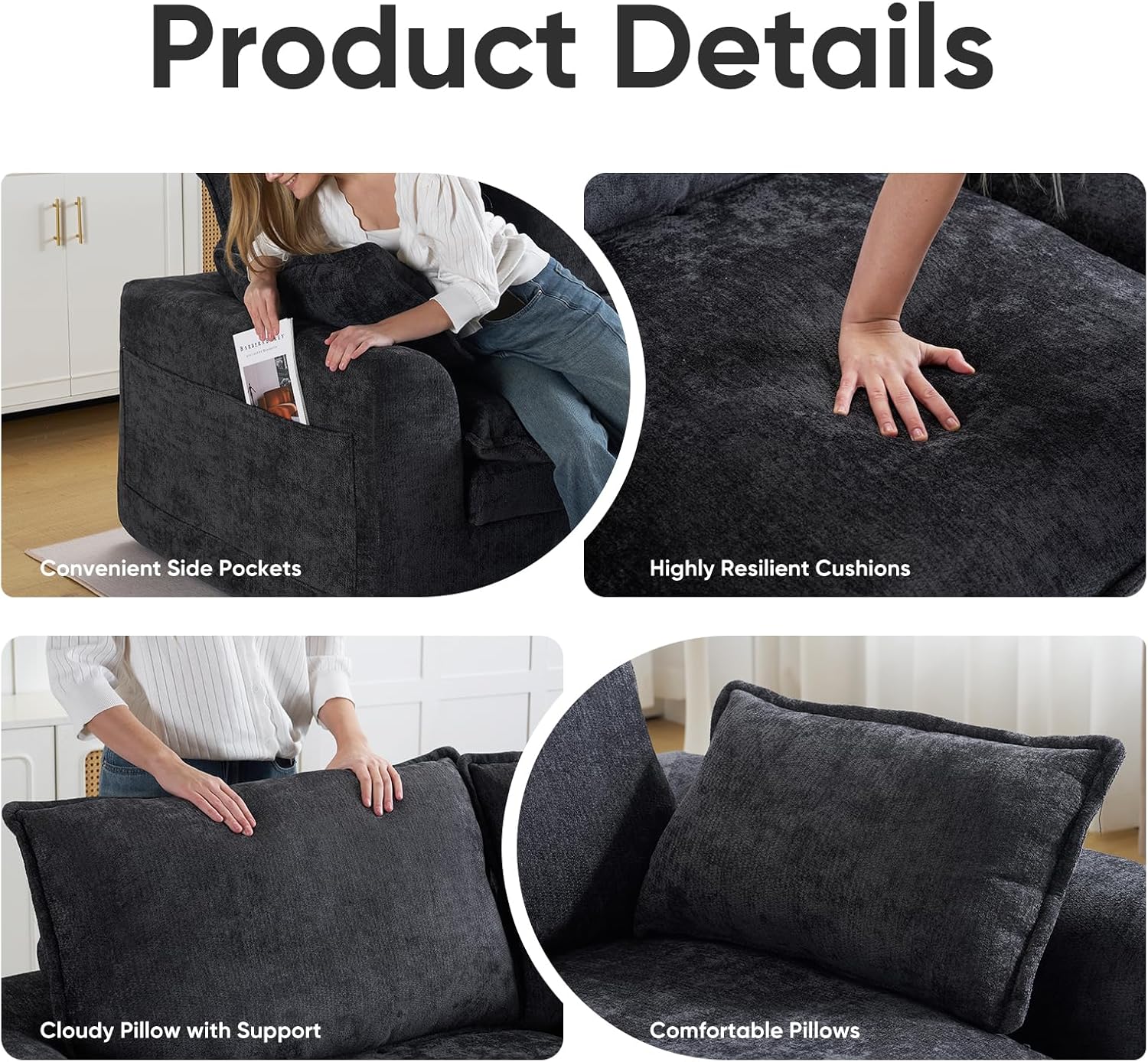 80" Loveseat Sofa,Cloud Sectional Couch for Living Room,Modern Modular Sectional Sofa Boneless Couch with Throw Pillows,Side Pockets,No Assembly Required,Chenille,Black