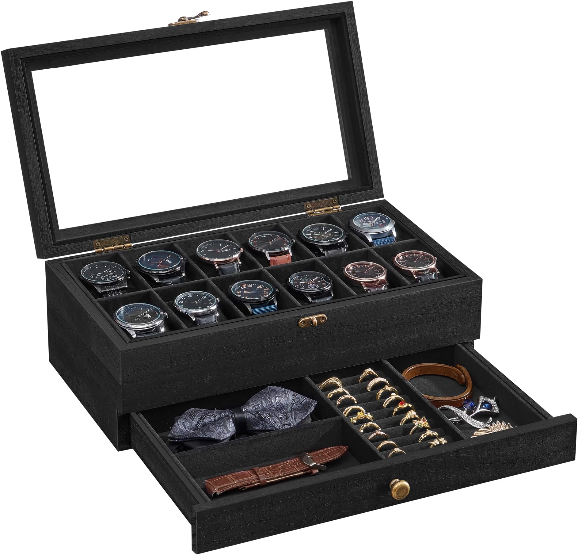 SONGMICS JOW012B02 12 Compartments Watch Box, 2 Levels Watch Box, Glass Lid, Cushions, Velvet Lining, Gift Idea, Black Ink JOW012B02