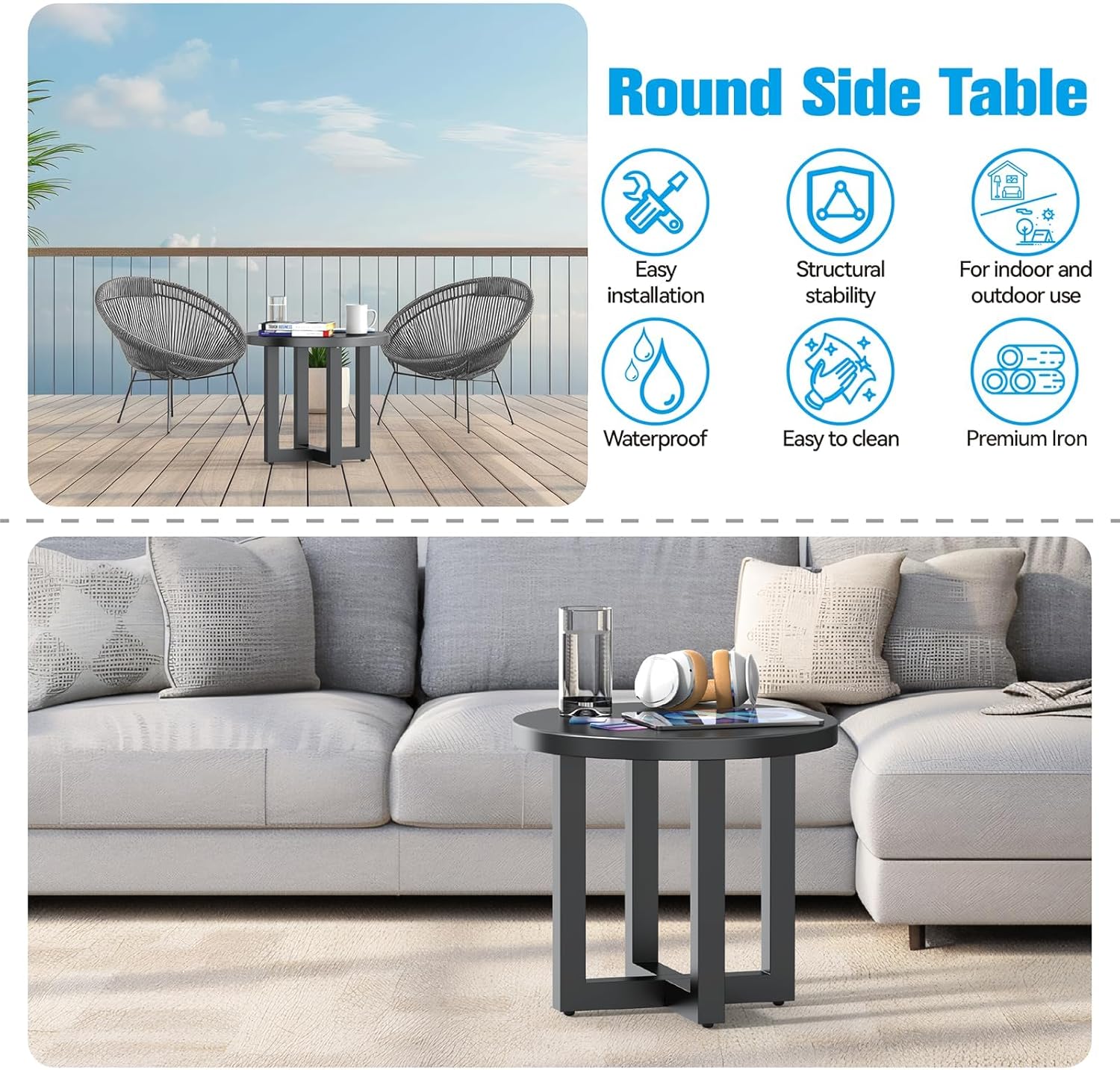Patio Swivel Rocker Set: Metal Round Side Tables, 2-Tier Outdoor End Table for Patio, Pool, Porch – Weather Resistant Round Tables, Sturdy Metal Frame, Easy Assembly, Gray (1 Table Only)