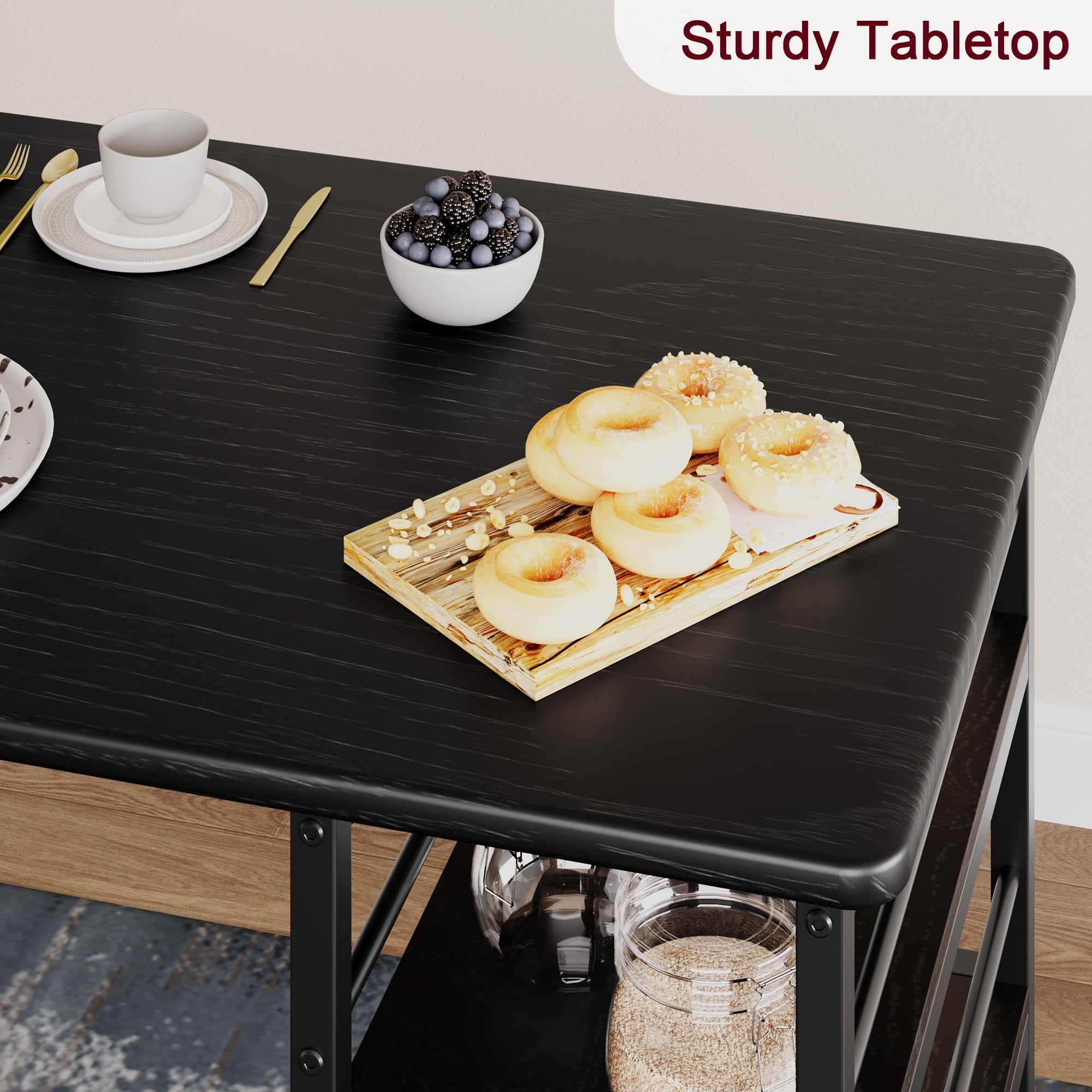 Mesa de cocina pequeña, mesa de comedor con 2 sillas, 3 estantes laterales, mesa de bar con taburetes de bar, conjunto de comedor para cocina, comedor, salón, color negro