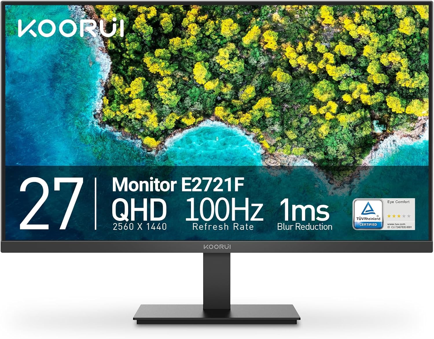 KOORUI 27 Inch QHD (2560x1440) IPS Ultra-Thin Computer Monitor, 100Hz, 1ms MPRT, AdaptiveSync, HDMI & DisplayPort, VESA Mountable Eye Care, 2K PC Monitor for Gaming and Working, E2721F