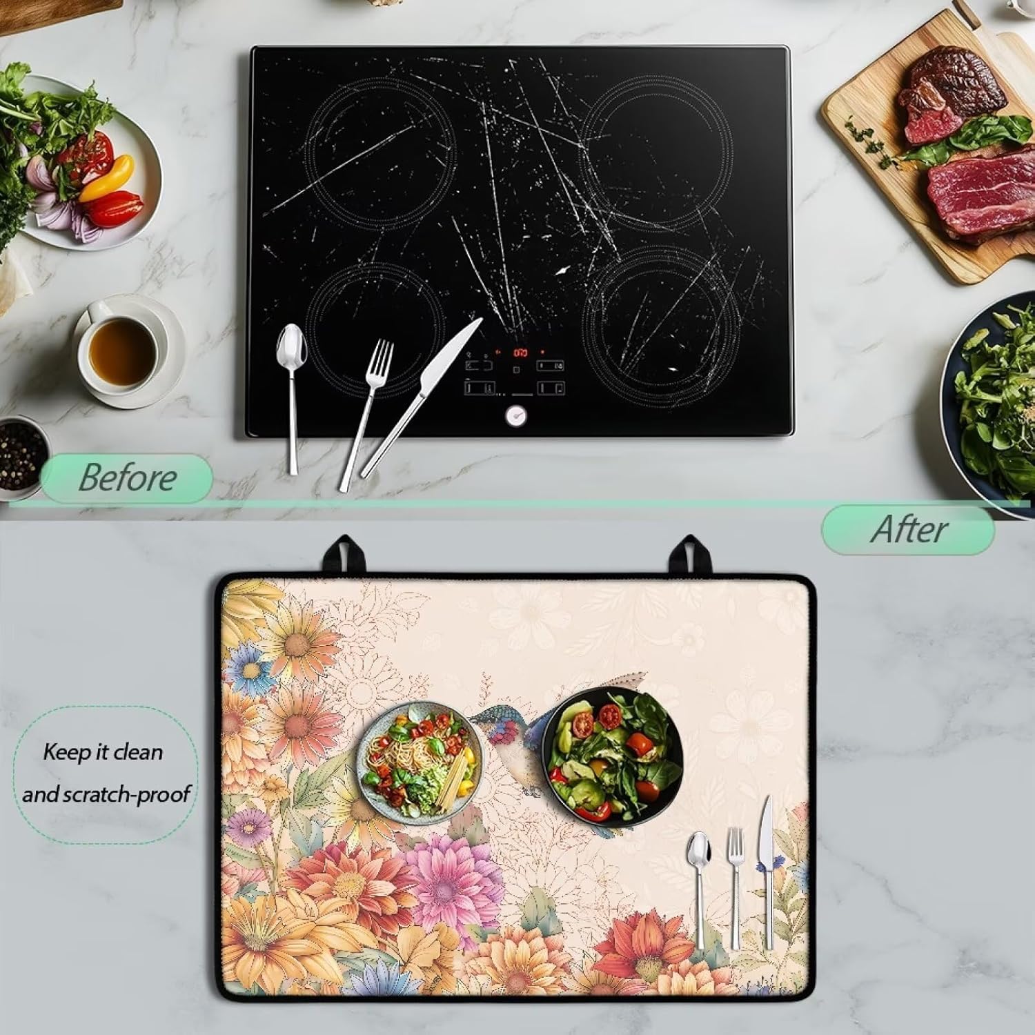 Hummingbird Daisy Pattern Electric Stove Top Covers, Heat Resistant No Crease Ceramic Glass, Induction, Cook Top, Flat RV Range Covers Protector, Dish Drying Mat for Kitchen Appliances
