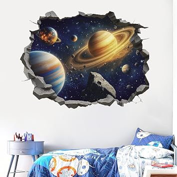 TOARTi Space Astronauts Wall Stickers,Blue Planets 3D Rockets Wall Art Decals for Boys Bedrooms,Solar System Mural Vinyl Removable Sticker for Nursery