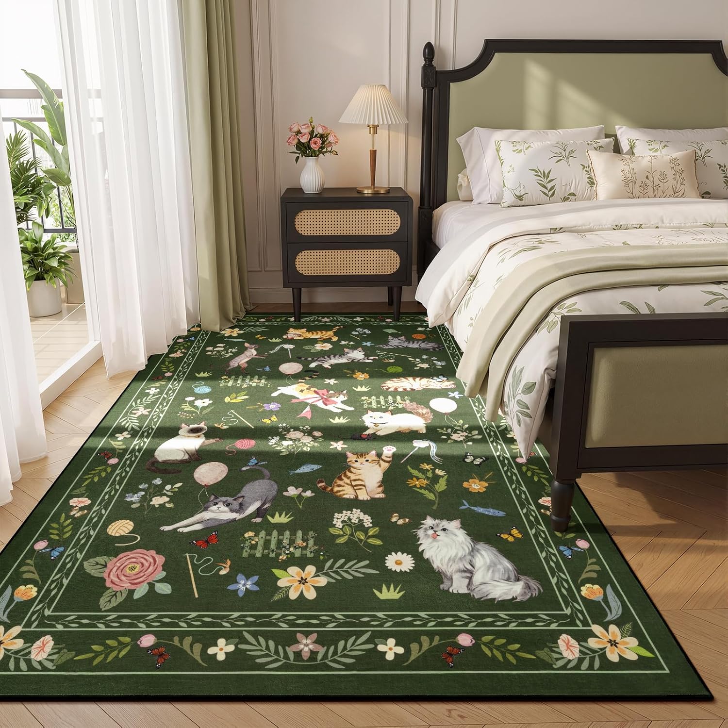 Unirea 3x5 Dark Green Bedroom Entryway Kitchen Area Rug, Washable Non Slip Animal Cat Rug for Living Room, Bathroom, Home Office, Kids Room, Laundry Room, Soft Low Pile Cat Rugs, Thin Carpet