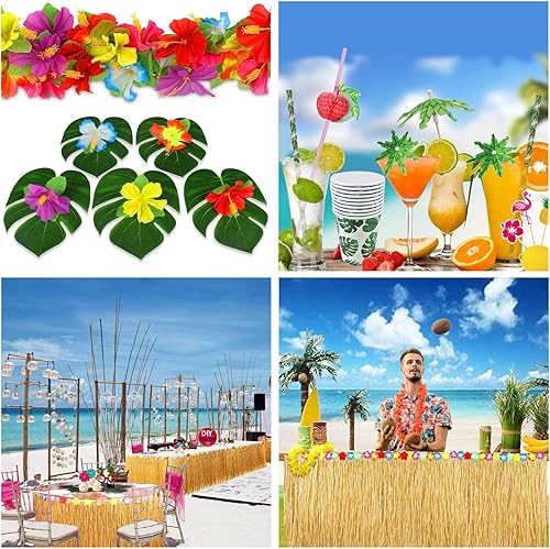 Miniatura 7 de Adorox 12 piezas de hojas verdes tropicales incluidas 1 falda de mesa hawaiana Luau Hibiscus marrón (9 pies)
